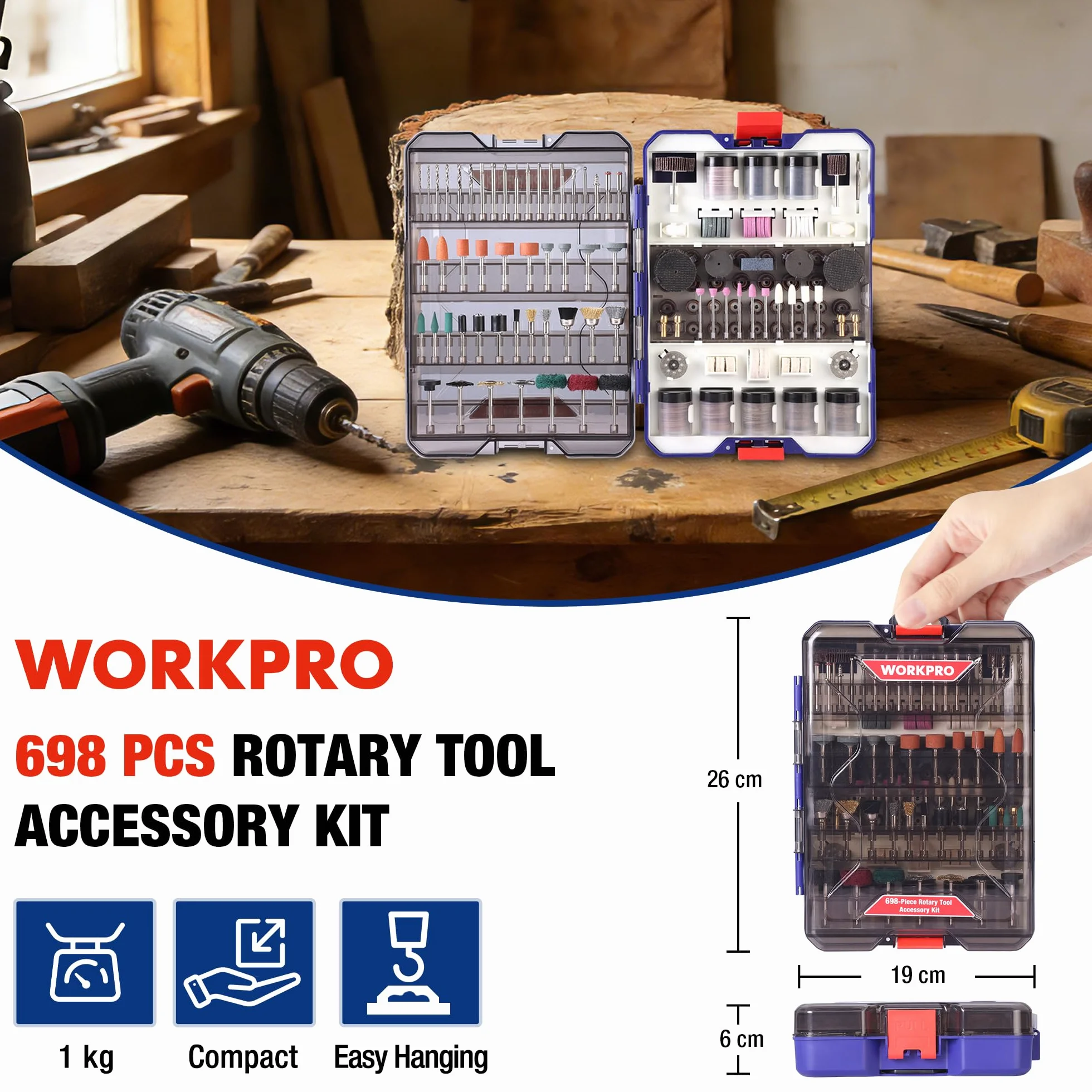 WORKPRO 698-częściowy zestaw akcesoriów do narzędzi obrotowych, bity do cięcia, szlifowania, polerowania