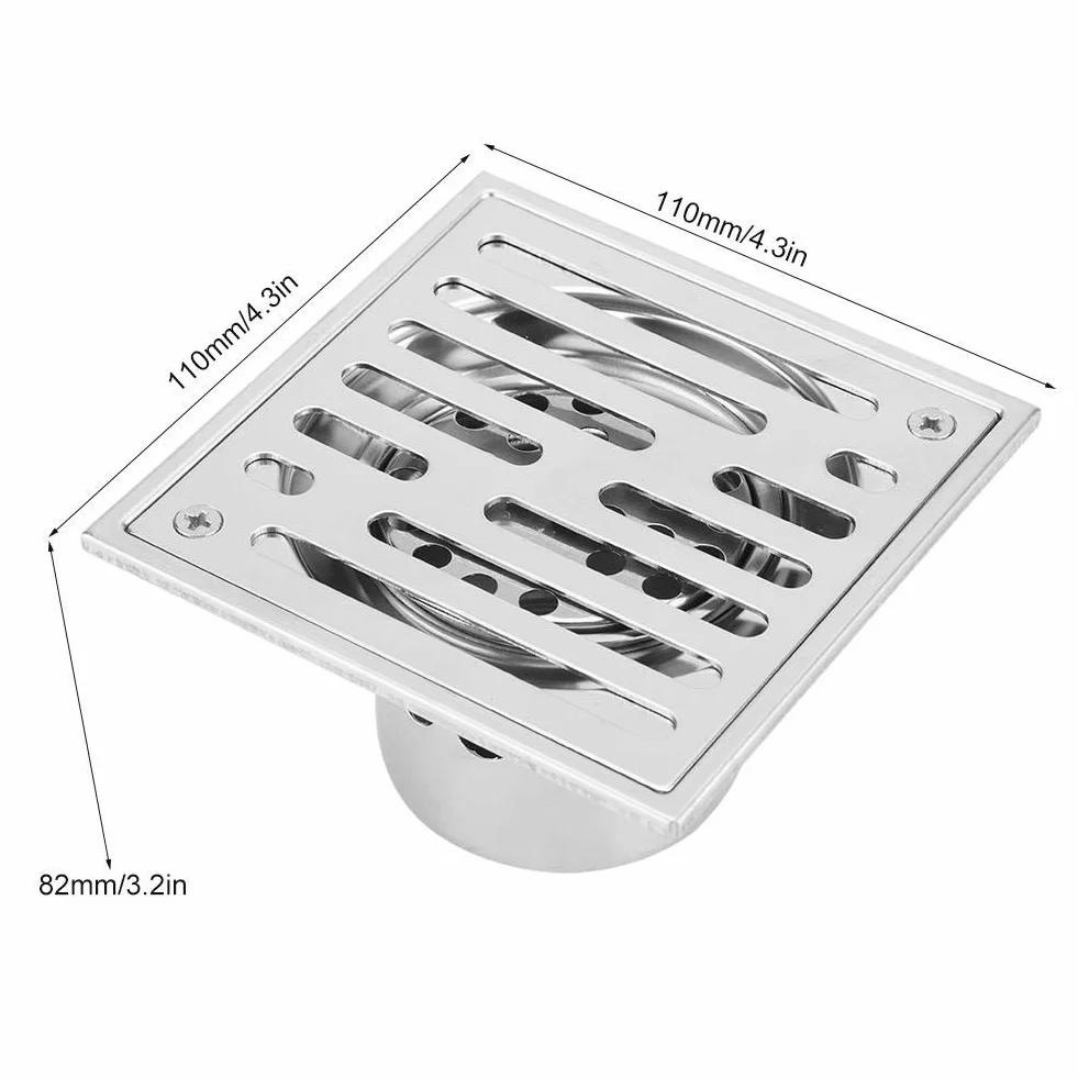 Odpływ podłogowy ze stali nierdzewnej, kwadratowy, przeciwzapachowy, odpływ łazienkowy, odpływ prysznicowy o dużym kalibrze (110 x 110 mm)
