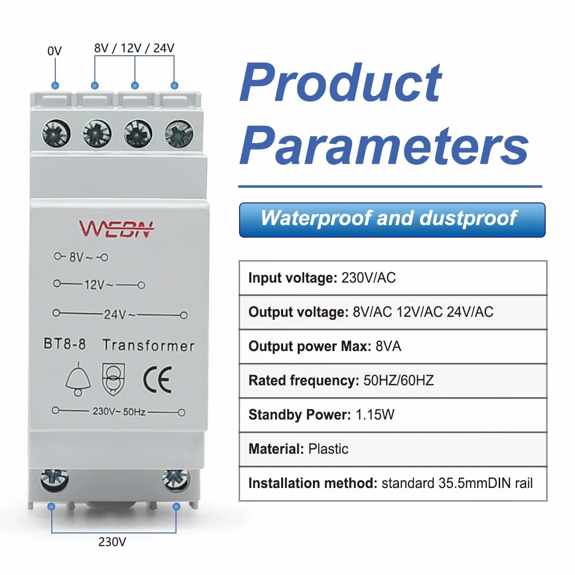 BT8-8 transformator dzwonka do drzwi napięcie znamionowe 230/240 V AC 50/60 Hz dopuszczenie IP20 CE