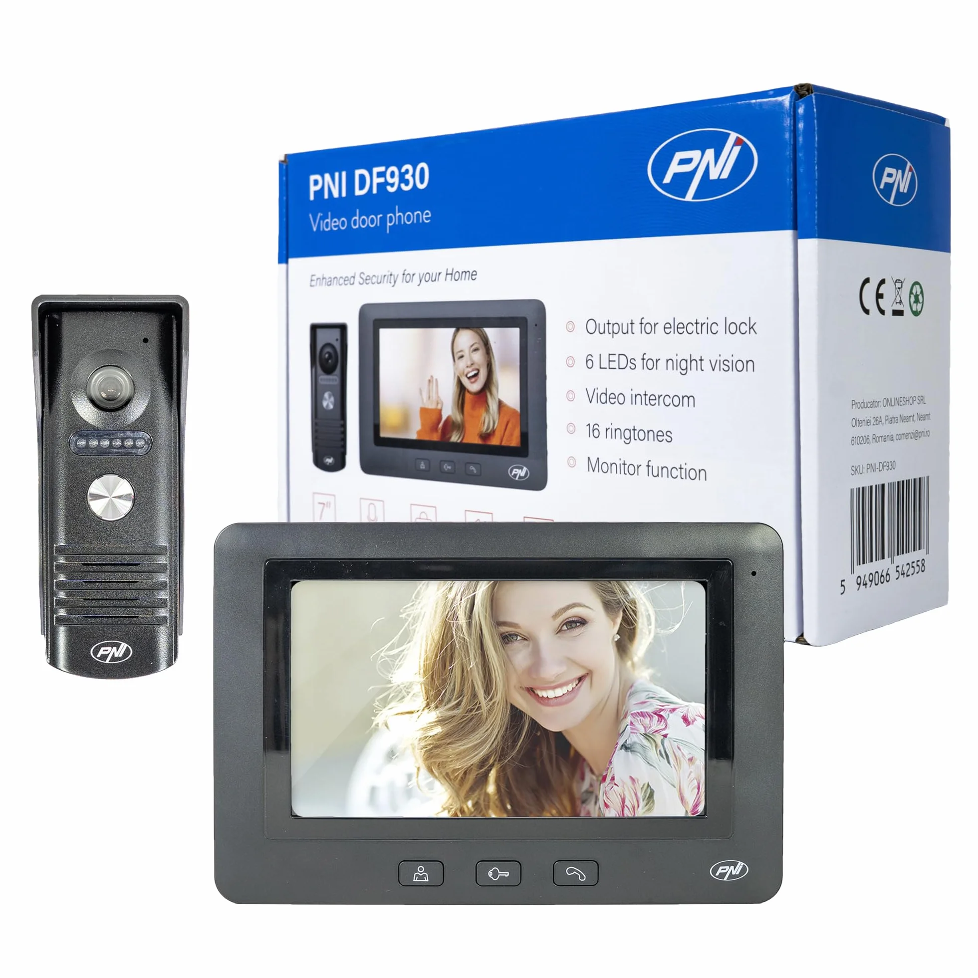 PNI Wideodomofon DF930 z 1 monitorem, 7-calowym ekranem LCD, 800 x 480, wyjście elektromagnetyczne Yala, czarny