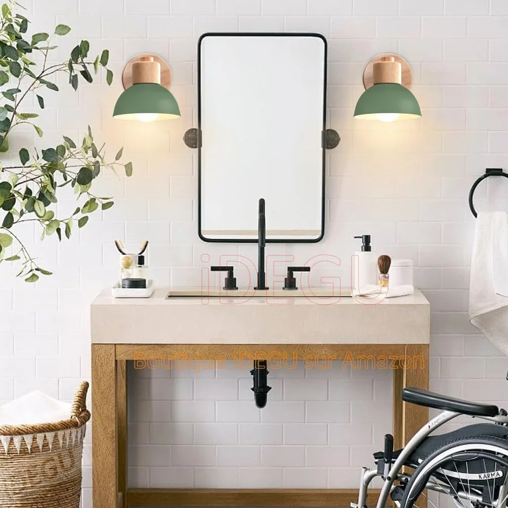 iDEGU 2 sztuki lamp ściennych, nowoczesne światło ścienne z drewna i metalu, półkolisty abażur, E27, regulowana lampa ścienna vintage do sypialni salonu