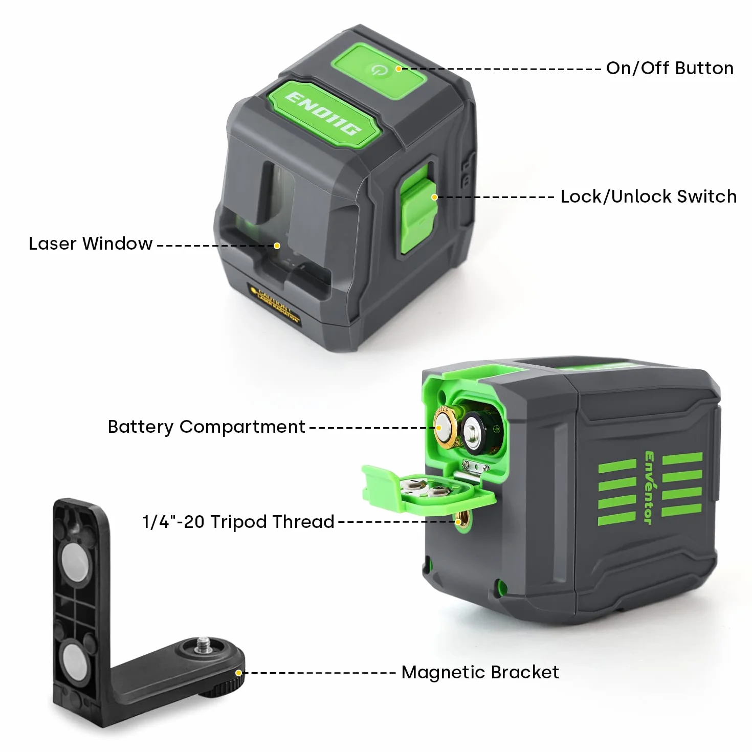Laser krzyżowy zielony ENVENTOR samopoziomujący liniowy 25 m ± 0,3 mm/m IP54 z mocowaniem magnetycznym 360°