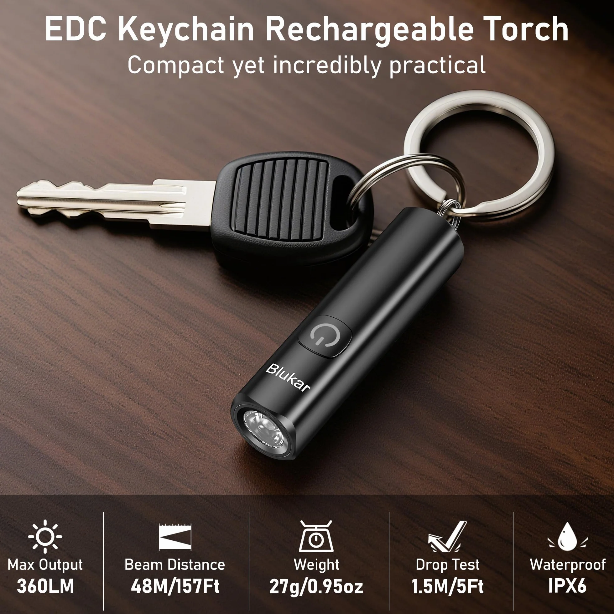 Blukar EDC Mini Latarka Kieszonkowa Ładowana, 3 Tryby, Wodoodporna, Kompaktowa