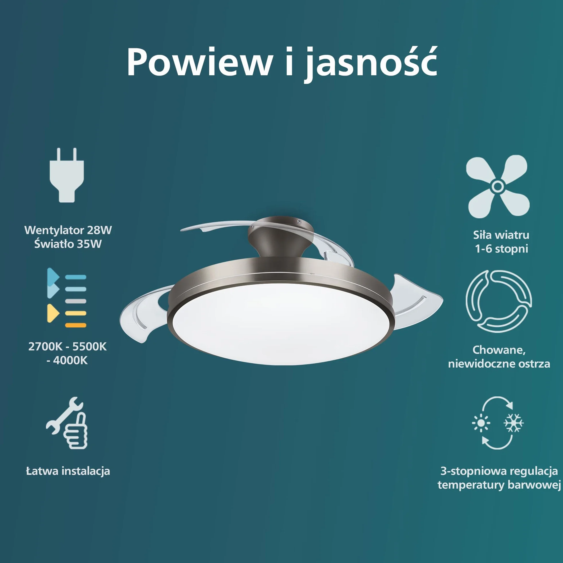 Philips Atlas LED wentylator sufitowy 28W+35W, 2700-5500K, nikiel, z pilotem zdalnego sterowania
