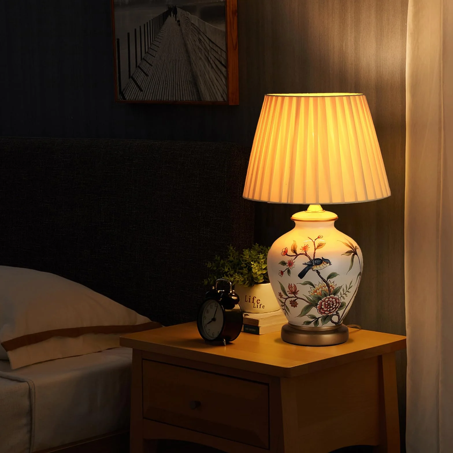 Ceramiczna lampa stołowa E27 biała tkanina nowoczesna vintage do salonu sypialni