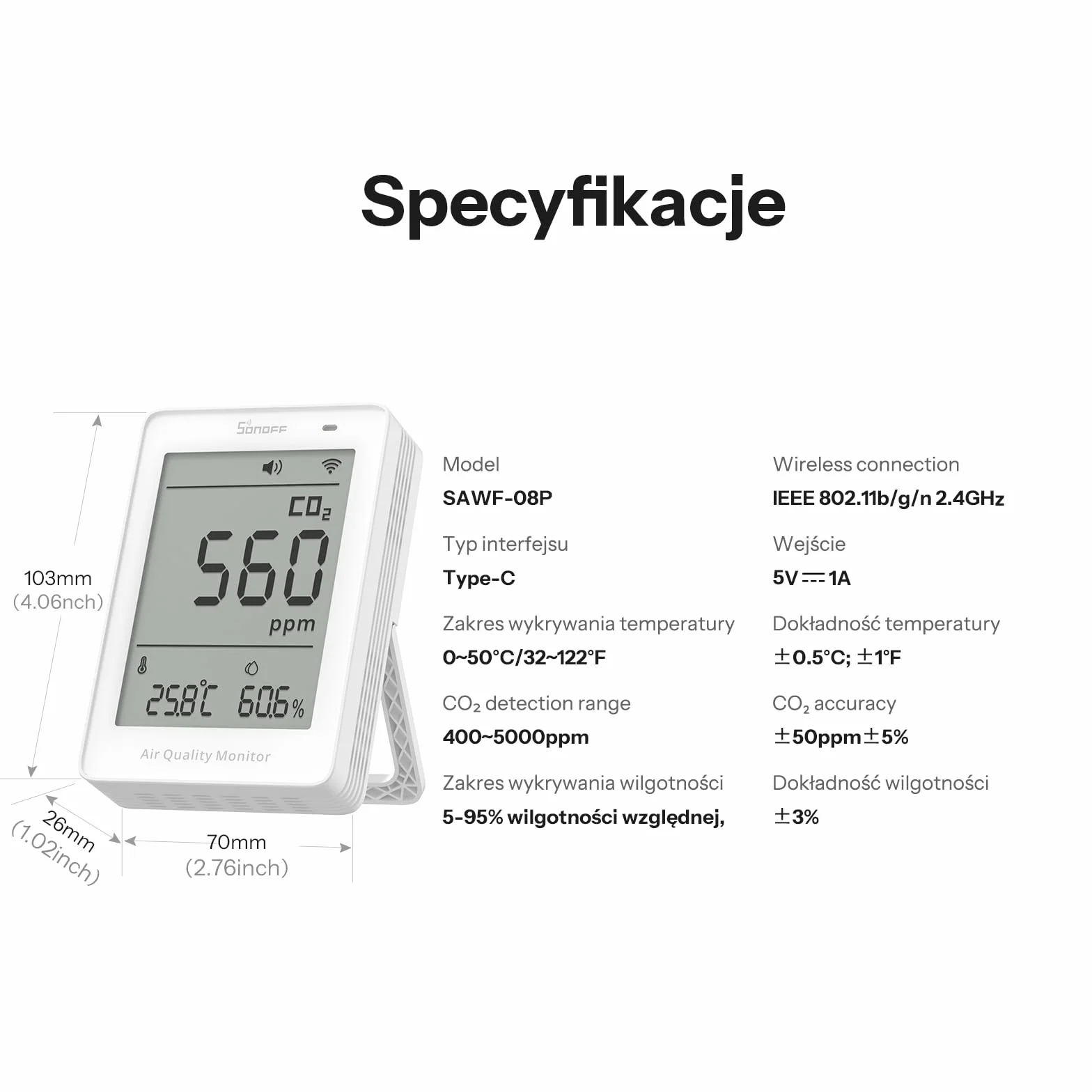 SONOFF AirGuard CO2, Inteligentny Monitor Jakości Powietrza, Zgodny z Matter, WiFi 2,4 GHz, Detektor CO2/Temp/Wilgotności, Wyświetlacz i Alarm w Czasie Rzeczywistym, do Sypialni/Pokoju Dziecięcego