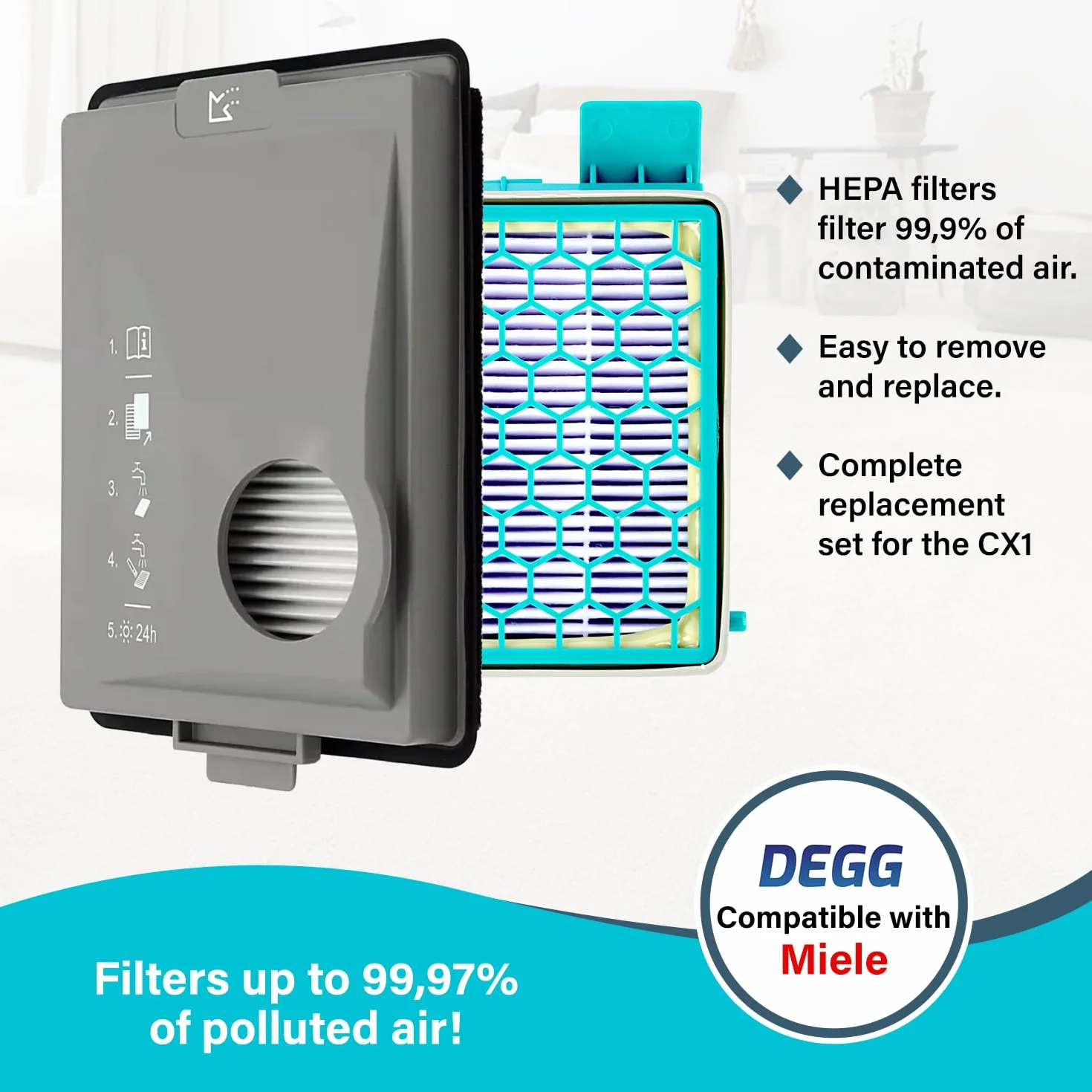 DEGG Zestaw filtrów kompatybilny z Miele Boost CX1 SF-HY 60 CX-FSF Hepa filtr drobnego pyłu dla alergików