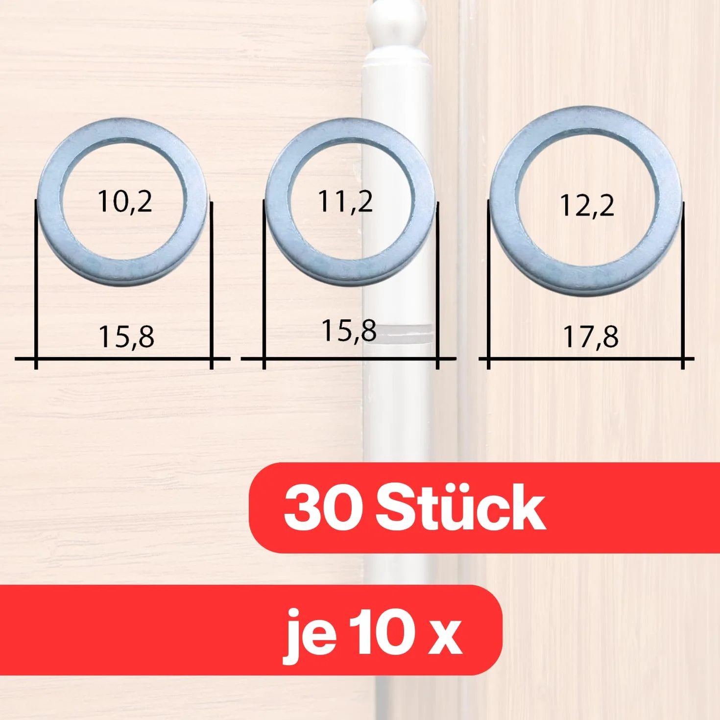 Pierścienie do mocowania – asortyment, 30 części, po 10 x Ø 10/11/12 mm, do podnoszenia drzwi pokojowych, stal ocynkowana, podkładki zawiasy drzwiowe, tarcze dystansowe, podnośnik drzwi