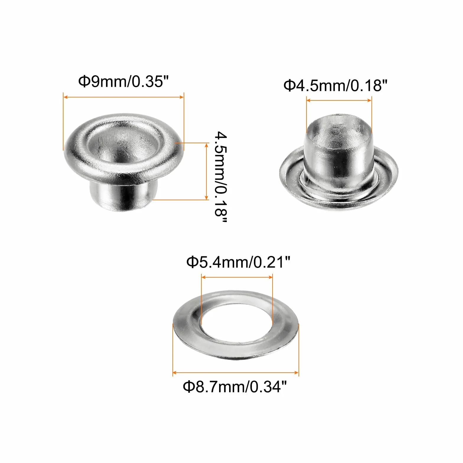 Zestaw 300 oczek metalowych 4,5 mm 3/16" otwór do butów ubrań pasków DIY srebrny