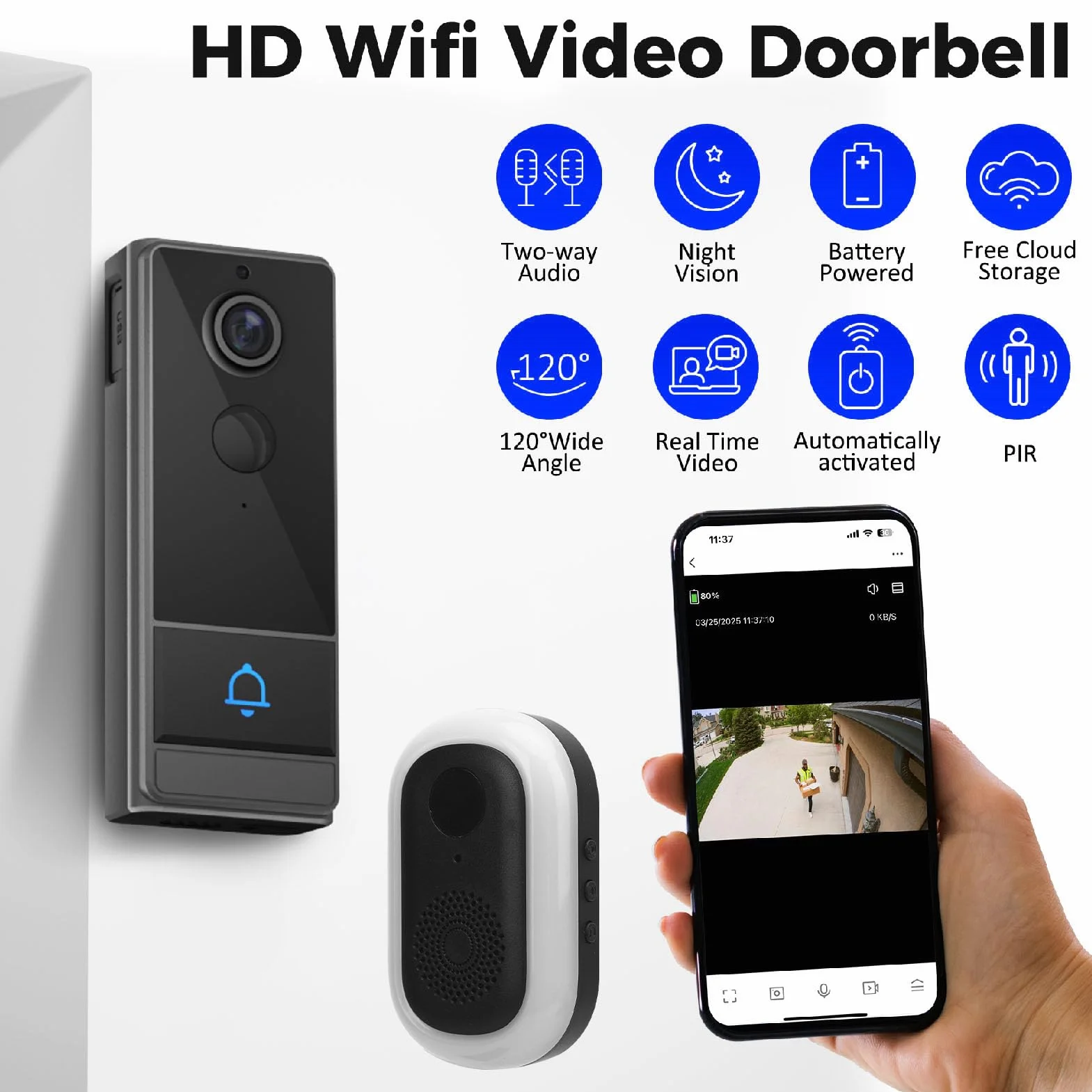 Luocute Bezprzewodowy Dzwonek do Drzwi z kamerą, 2.4G WiFi, Aplikacja do Zdalnego Monitorowania, Rozmowa Dwukierunkowa, Obiektyw 120 Stopni, IP67, Inteligentna Kamera Bezpieczeństwa