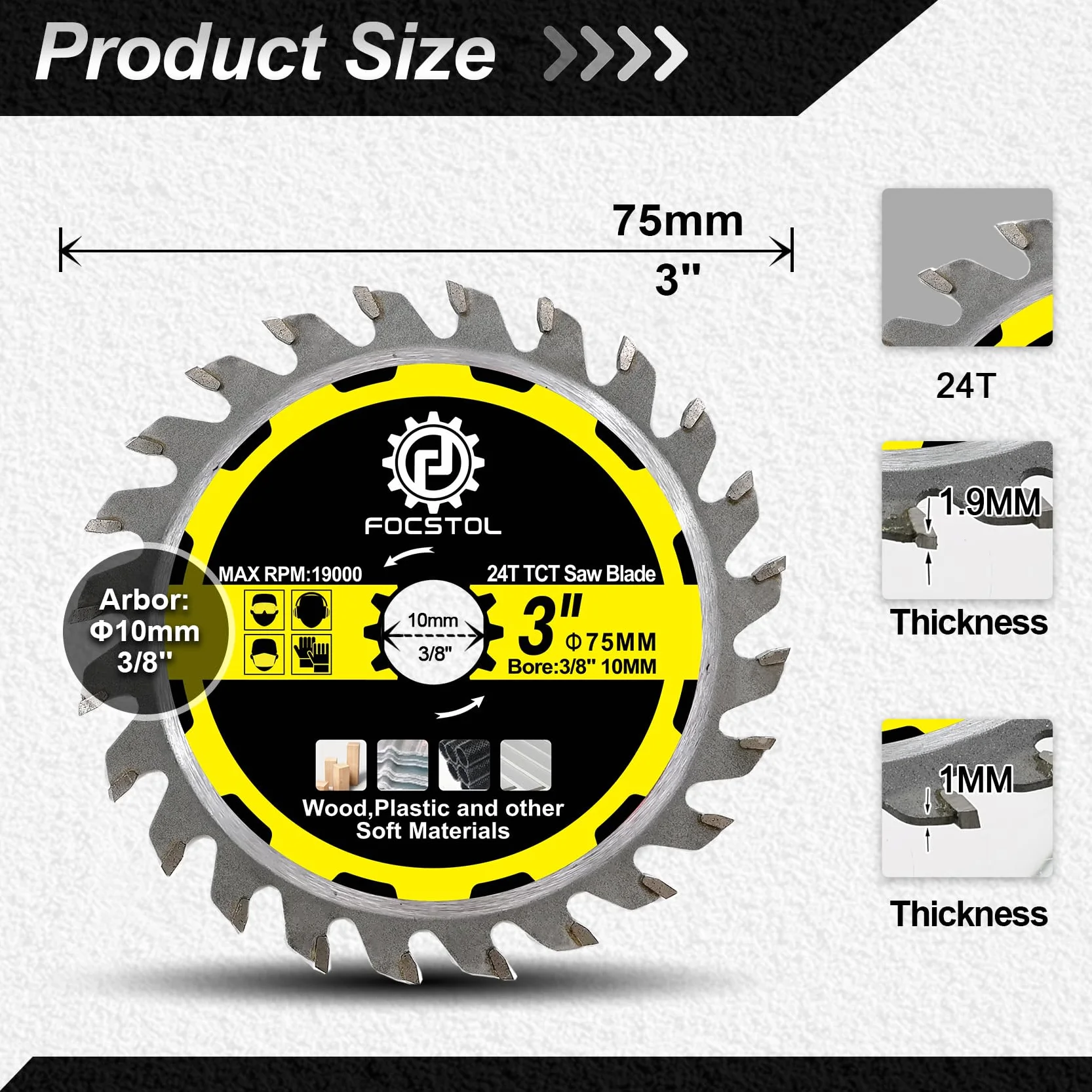 FOCSTOL Tarcza do cięcia drewna TCT, 3 sztuki, 75 mm x 10 mm