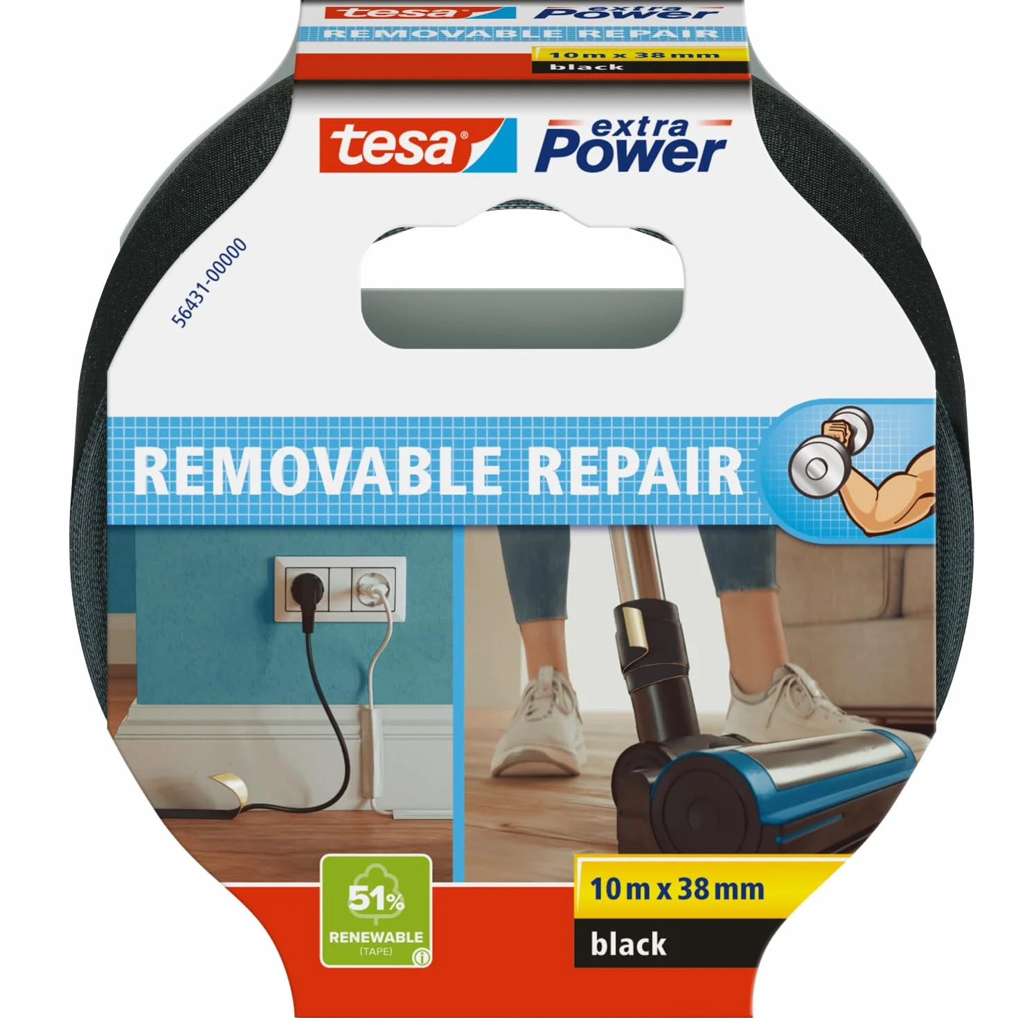 tesa extra Power Removal Repair – wytrzymała taśma materiałowa o mocnym kleju – łatwa do ręcznego rozdzierania – taśma naprawcza usuwalna bez śladów – 10m x 38mm – czarna