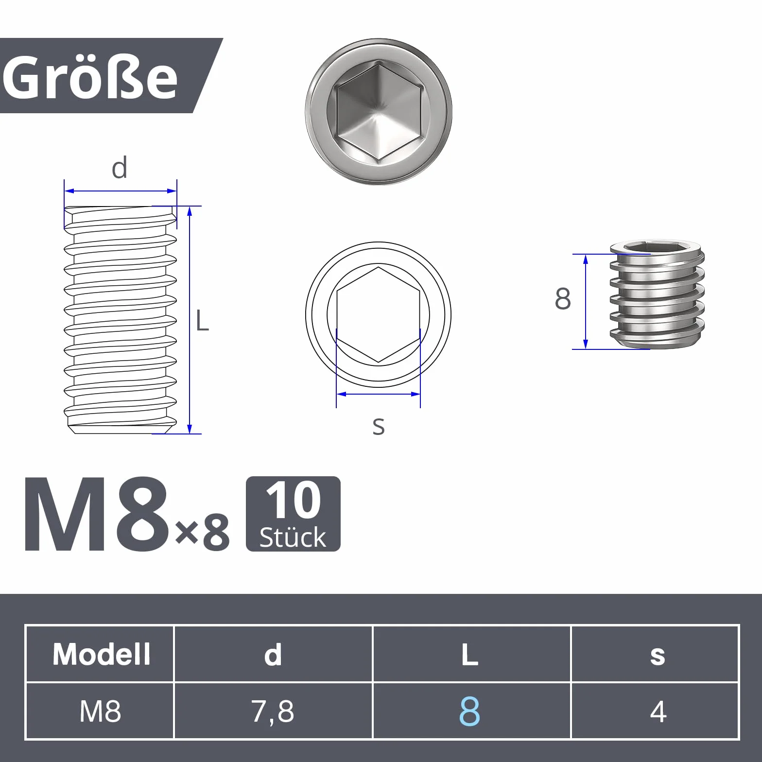 ORTAVA Śruby nastawno-kołki gwintowane M8 x 8 mm DIN 913 ISO 4026 z gniazdem sześciokątnym i stożkowym, śruba oczkowa ze stali nierdzewnej