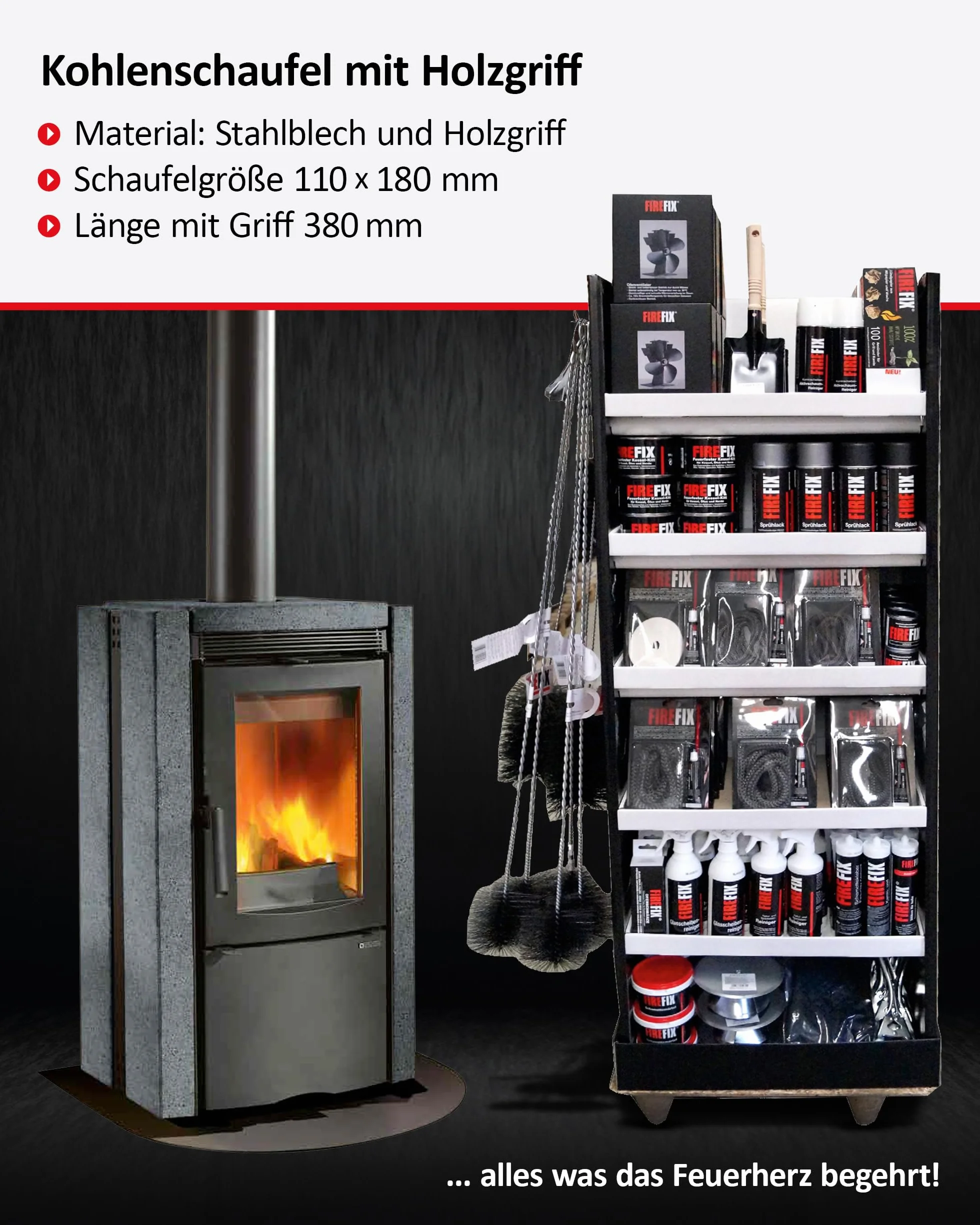 FIREFIX szufla do węgla 110 x 180 mm, akcesoria kominkowe, stalowa lakierowana na czarno