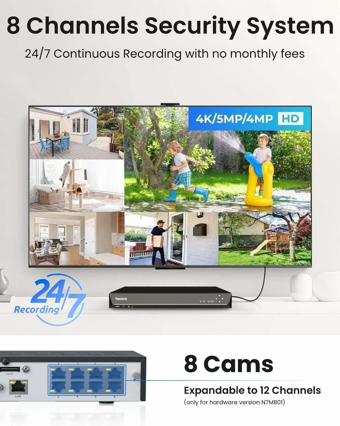 Reolink 4K PoE NVR 8-kanałowy Zestaw kamer CCTV Sieciowy rejestrator wideo 2 TB Obsługa kamer IP 8MP 5MP 4MP 1080P HD 24/7 Monitoring RLN8-410