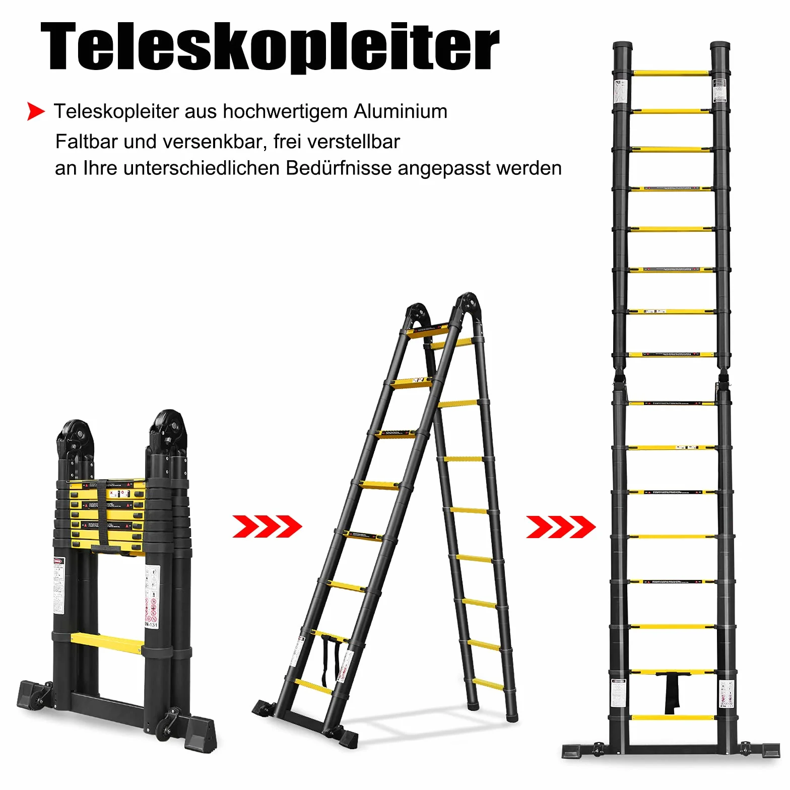 LZQ Składana drabina teleskopowa aluminiowa 12 szczebli 87 cm do 3,8 m nośność 150 kg żółto-czarna