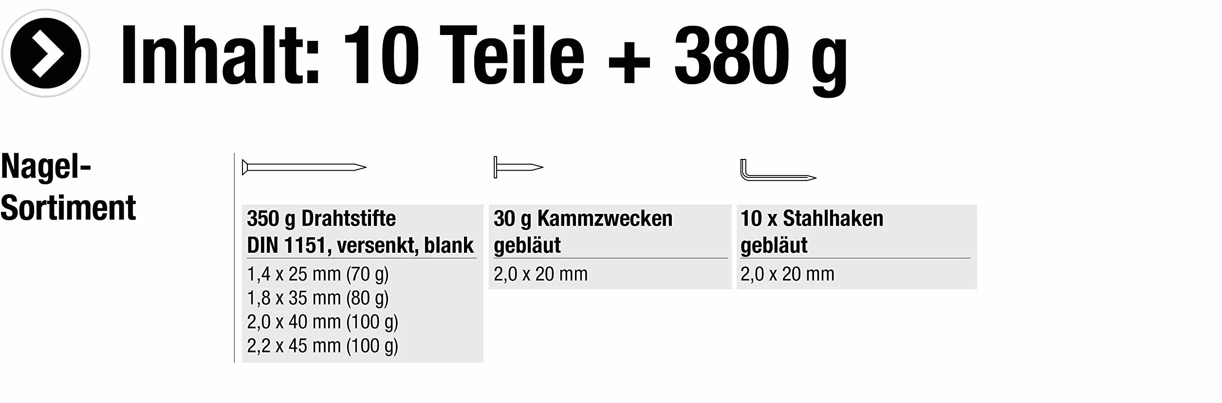 Metafranc Asortyment gwoździ 10-częściowy 380 g druty grzebienie w zestawie pudełko z tworzywa sztucznego