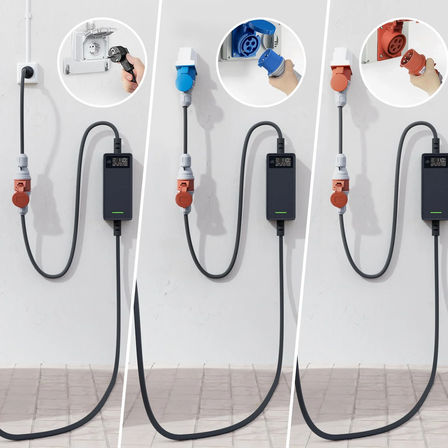 Zestaw adapterów CEE 16A 5-pin 3-fazowy 32A czerwony 1-fazowy 16A niebieski Schuko do EV