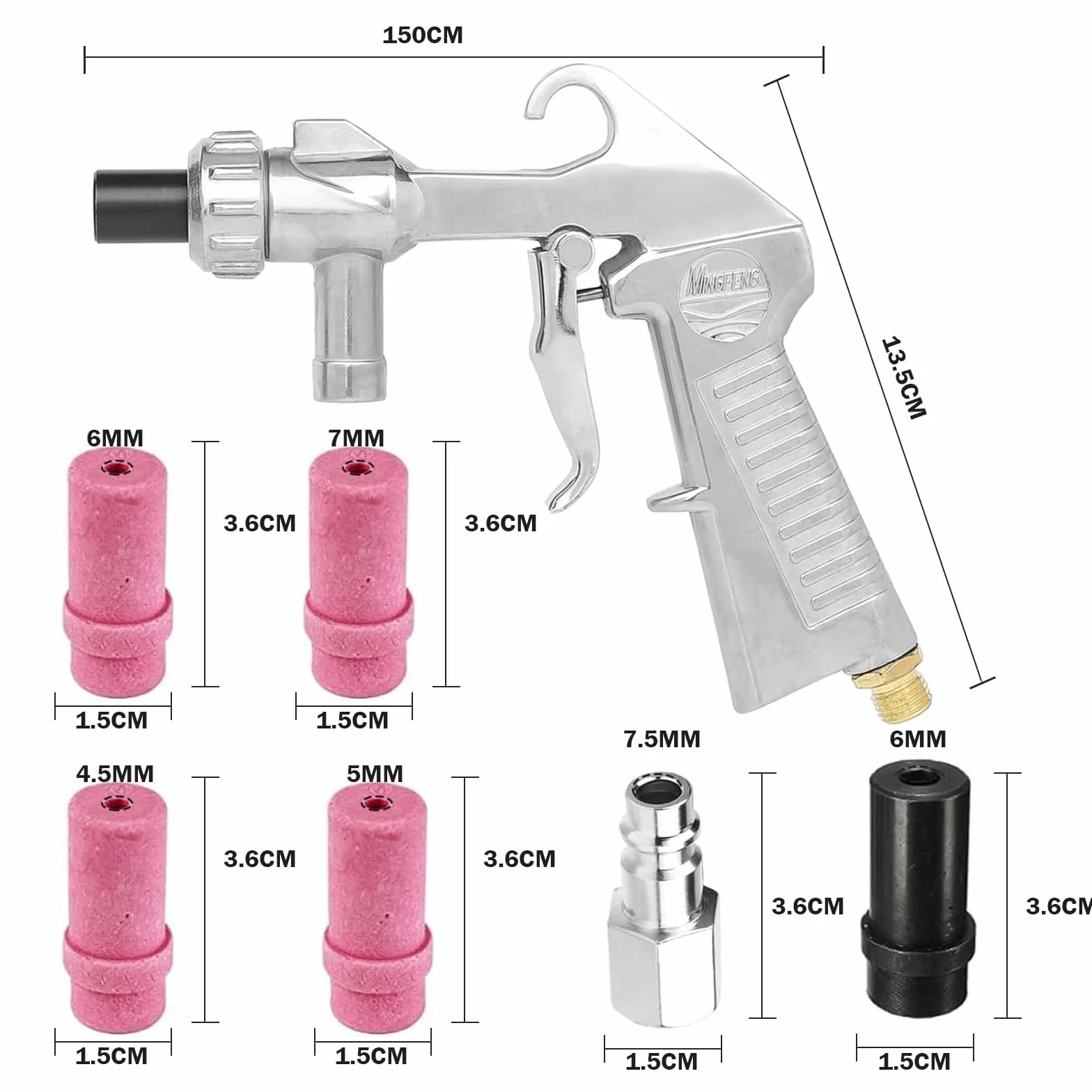 Pistolet do piaskowania sprężonego powietrza z dyszami, czarna metalowa dysza, złączka ze stali nierdzewnej