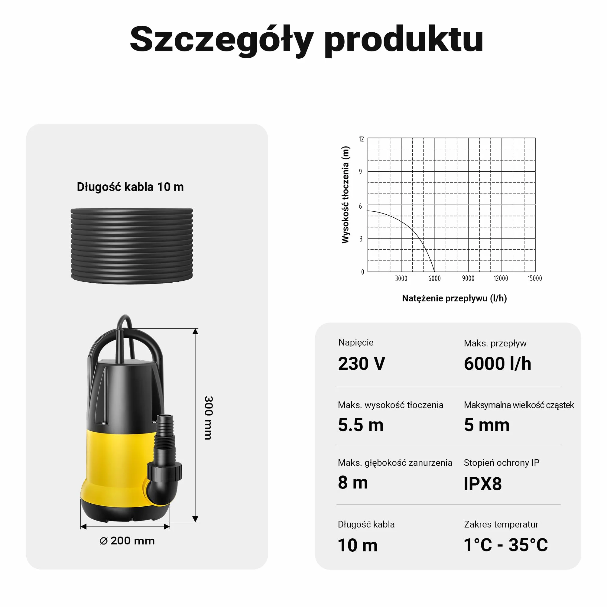Wiltec Pompa zanurzeniowa do wody brudnej z pływakiem 250 W, 6000 l/h