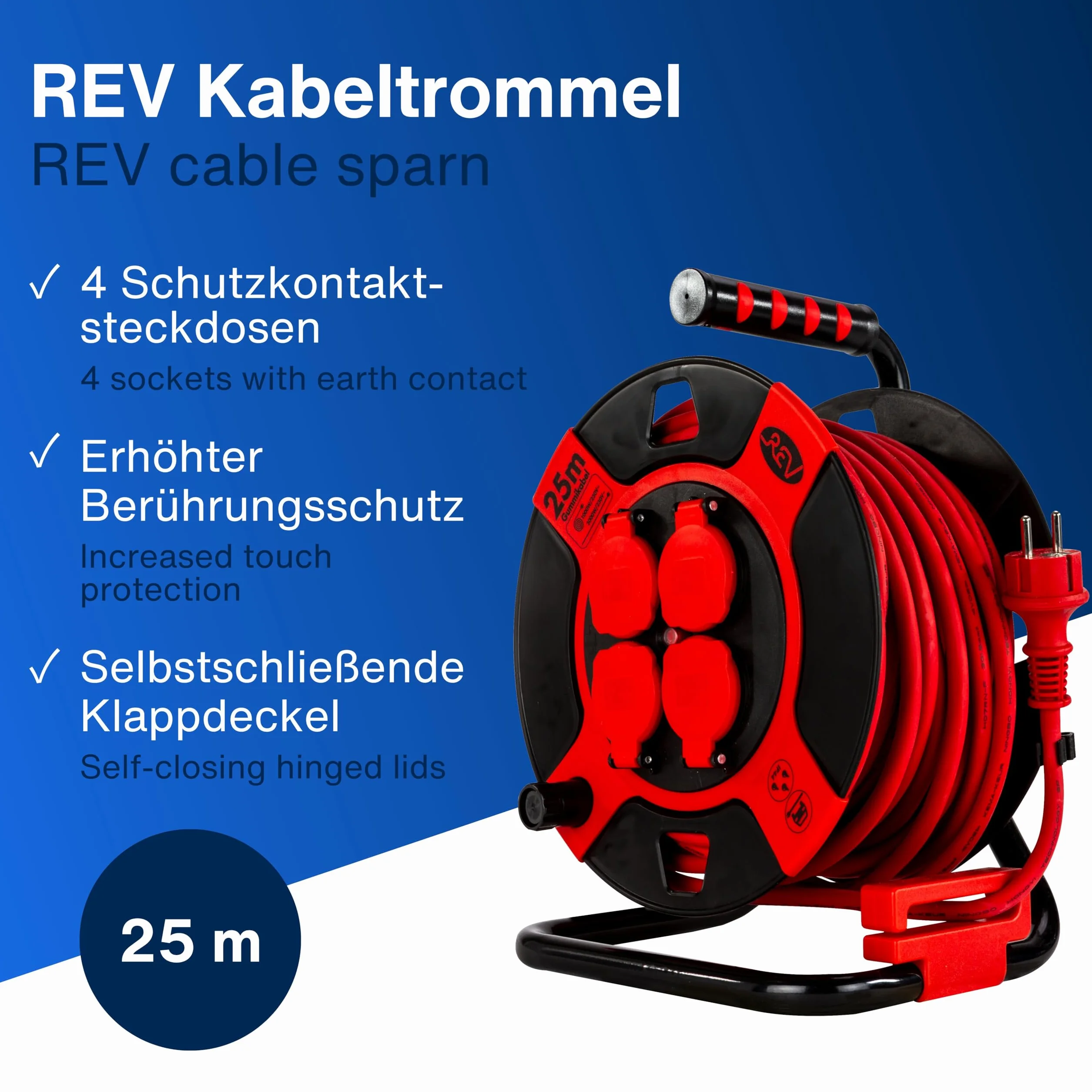 REV Bęben kablowy EX, 25 m, H07RN, IP44, 3000 W, 4 gniazda wtykowe, czerwony