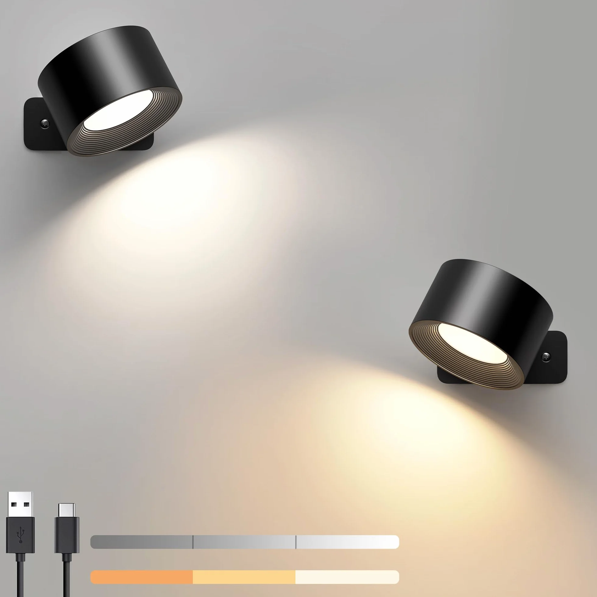 Lampa ścienna LED 2 szt. ładowalna 3 poziomy jasności 3 tryby kolorów obracana 360° sterowanie dotykowe bezprzewodowa czarna