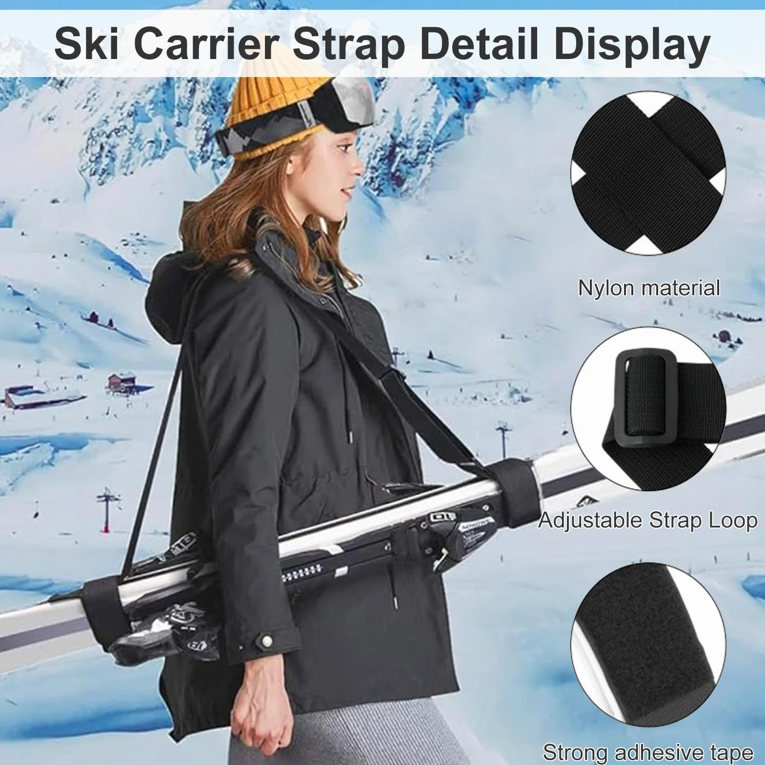 Pas do noszenia nart – 2 sztuki, regulowany uchwyt na ramię, nylonowy uchwyt na narty, pas do wiązania snowboardowego, pasy narciarskie z wyściełaną taśmą zamykającą, do łatwego przenoszenia nart i