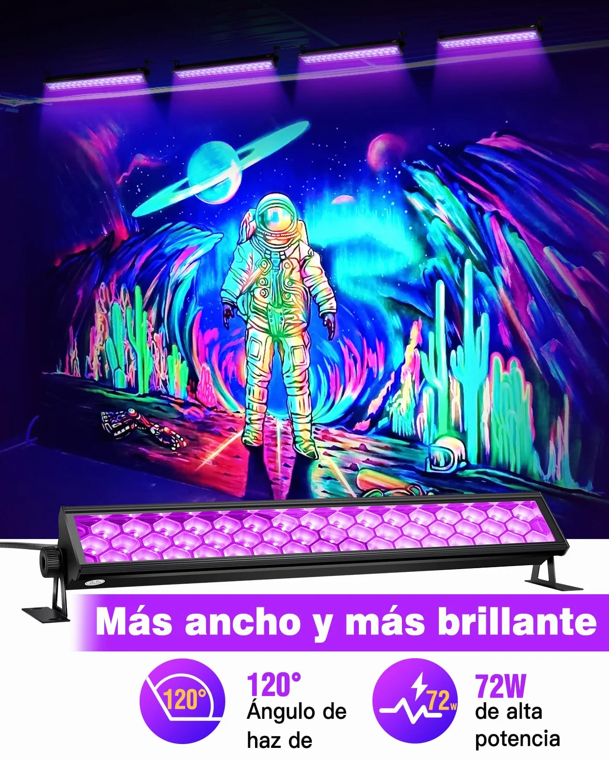 Anpro 72 W czarne światło LED 48 diod regulowane 360° kąt świecenia 120° przewód 4,5 m długość fali 385-400 nm