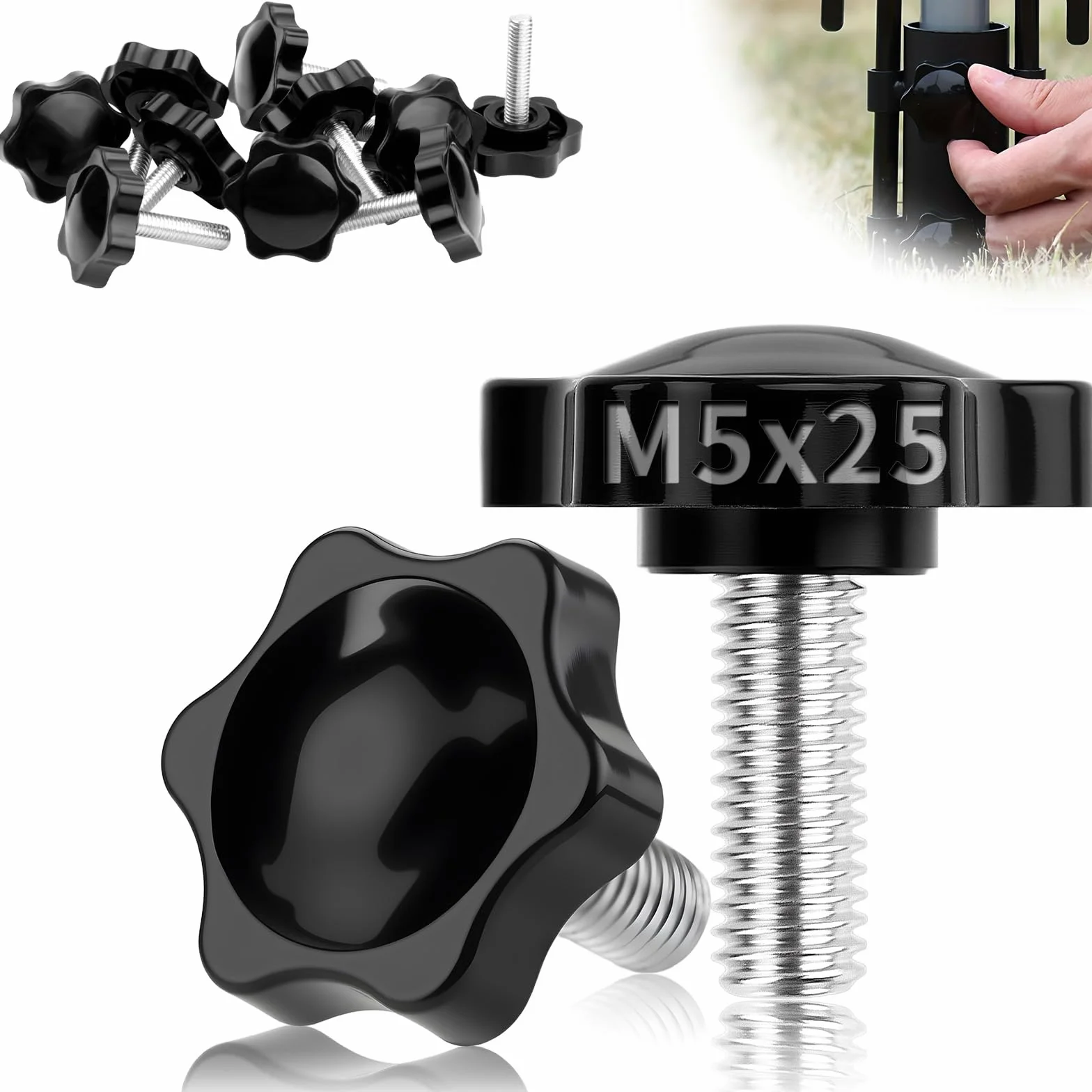 Śruba radełkowana M5 x 25 mm, śruby skrzydłowe, 12 sztuk, nakrętka z uchwytem gwiazdowym, przycisk zaciskowy