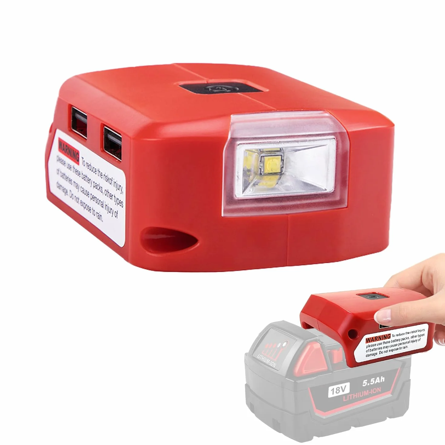 Adapter do baterii litowej 18 V 5 V/2,1 A podwójny adapter ładujący USB światło robocze LED 12 V DC konwerter mocy dla Milwaukee M18 czerwony