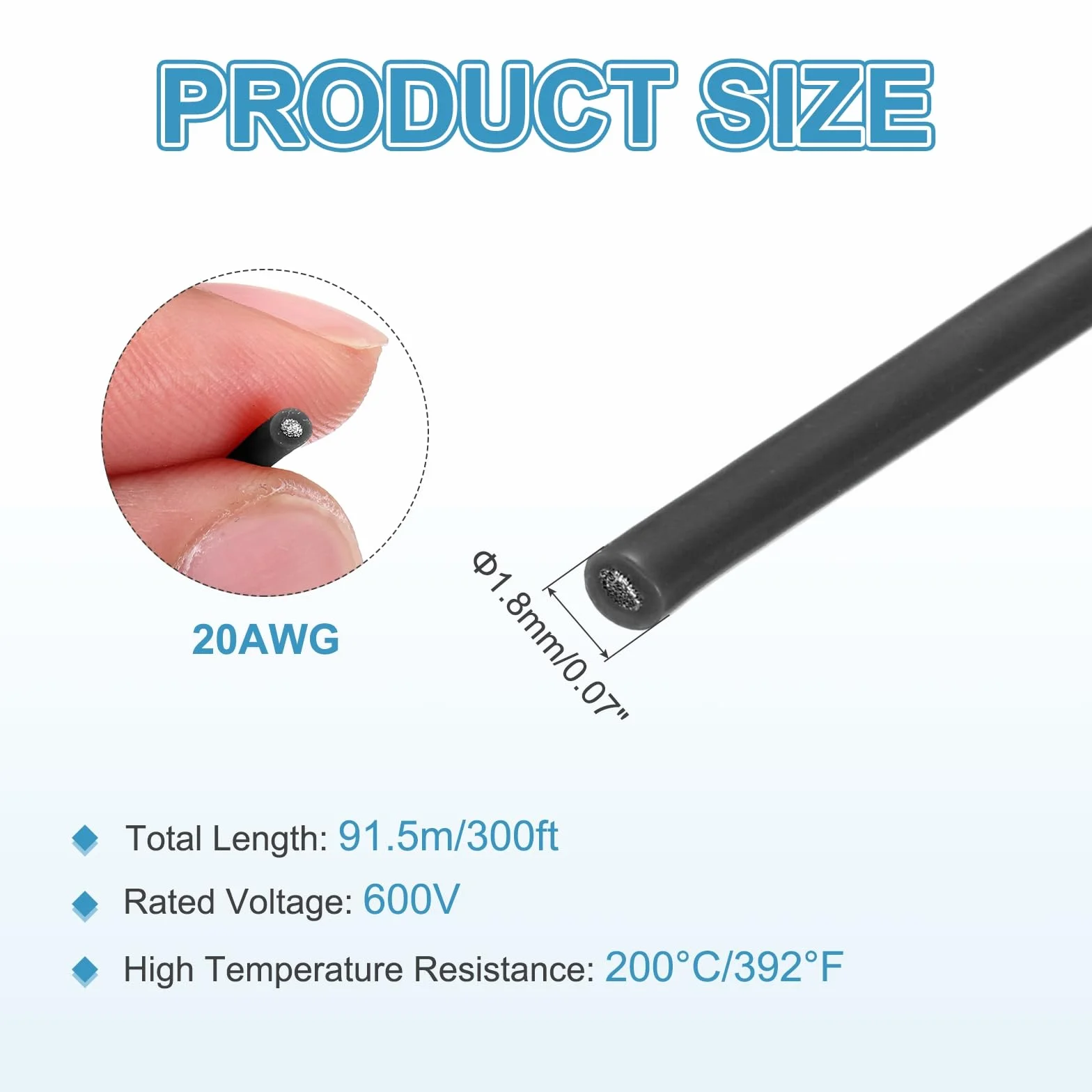 QUARKZMAN Elastyczny Przewód Silikonowy 20 AWG 91,5 m Cynowany Miedź Kabel Elektryczny Odporny Na Wysokie Temperatury 200°C Czarny