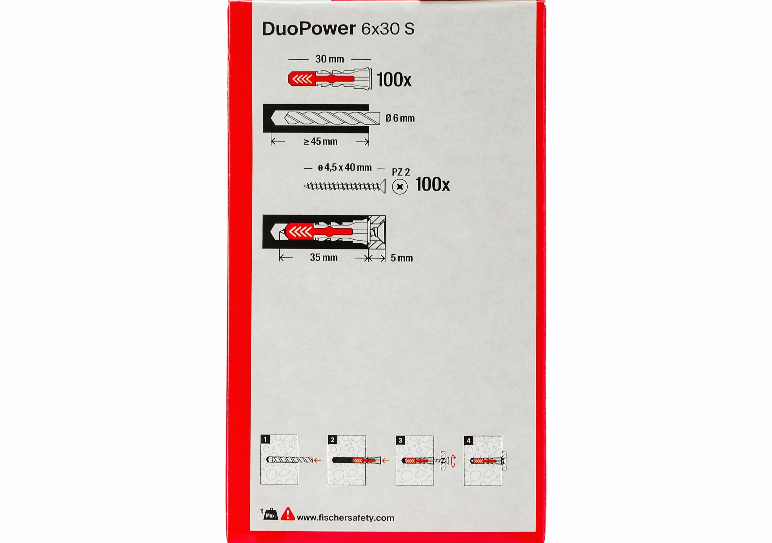 Fischer Duopower 100 kołków ze śrubą 6 x 40 mm do ściany pełnej cegły perforowanej płyty gipsowo-kartonowej