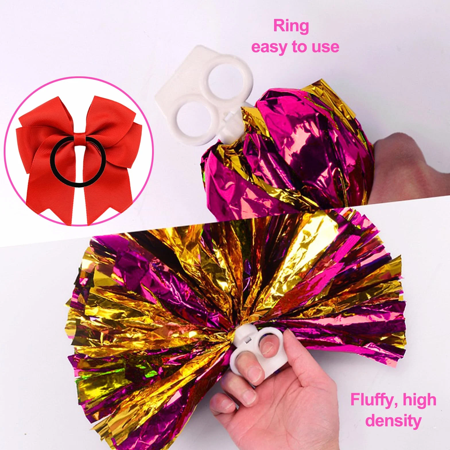 Wondora 2 x pompony cheerleaderki, czerwone pompony cheerleaderki, pompony cheerleaderki, z dużą kokardką, odpowiednie na zawody sportowe, duch zespołowy, cheerleaderki, dla dzieci i dorosłych (różowe
