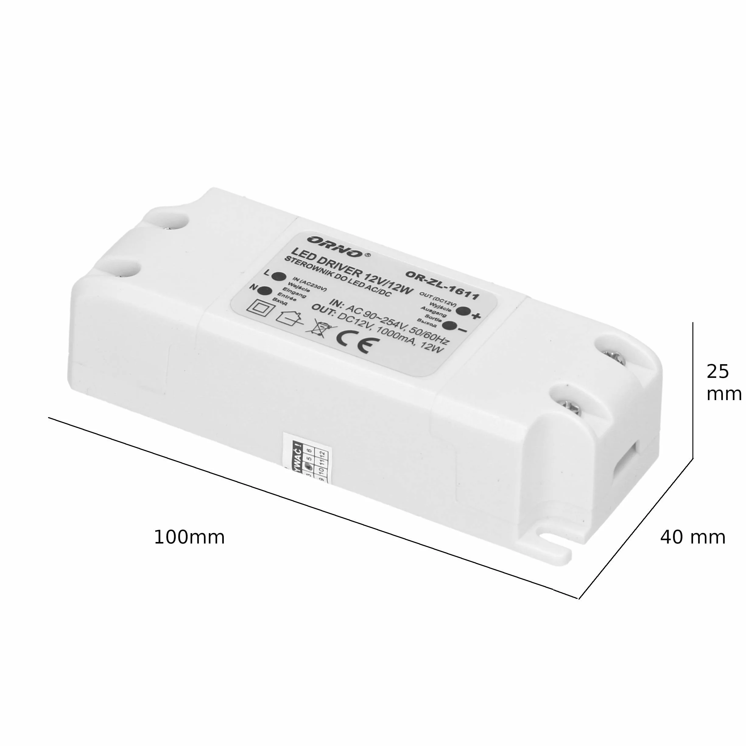 Orno Transformator 12 V (90 VAC-254VAC do 12 VDC) do żarówek LED G4 MR11 MR16 GU5.3 LED (6W-50W), IP20 (12W)