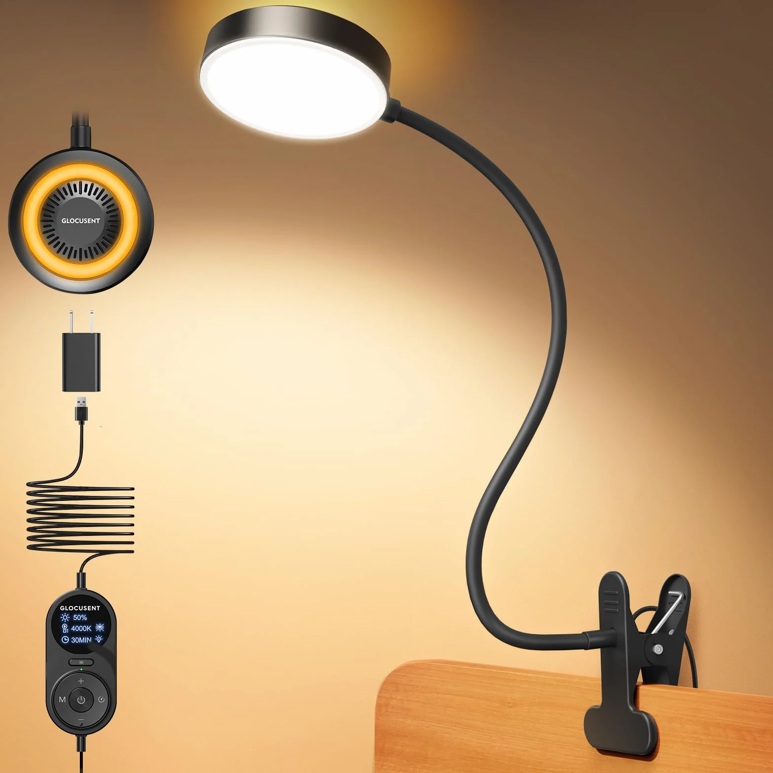 Glocusent Lampka na klips, 72 LED lampa biurkowa z 3 kolorami i 5 jasnością, elastyczna lampa z klipsem z bursztynowym światłem nocnym, timer 30/60 min, pielęgnacja oczu, do łóżka, czytania, nauki