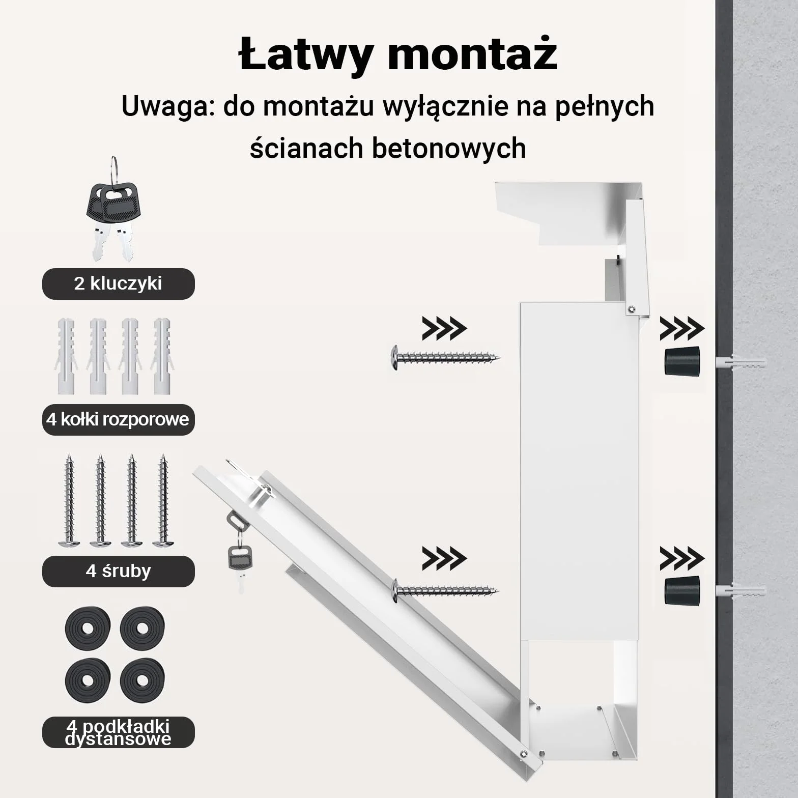 Wiltec Skrzynka na listy biała V19, stalowa z ukrytym zamkiem, nowoczesna skrzynka pocztowa do montażu na ścianie i stojaku, miejsce na gazety