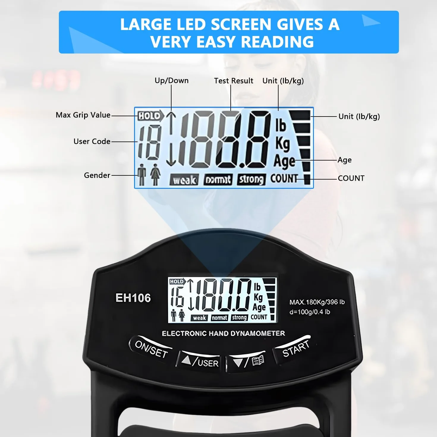 Cyfrowy miernik siły ręcznej 180 kg, dynamometr ręczny z dużym ekranem LED, USB