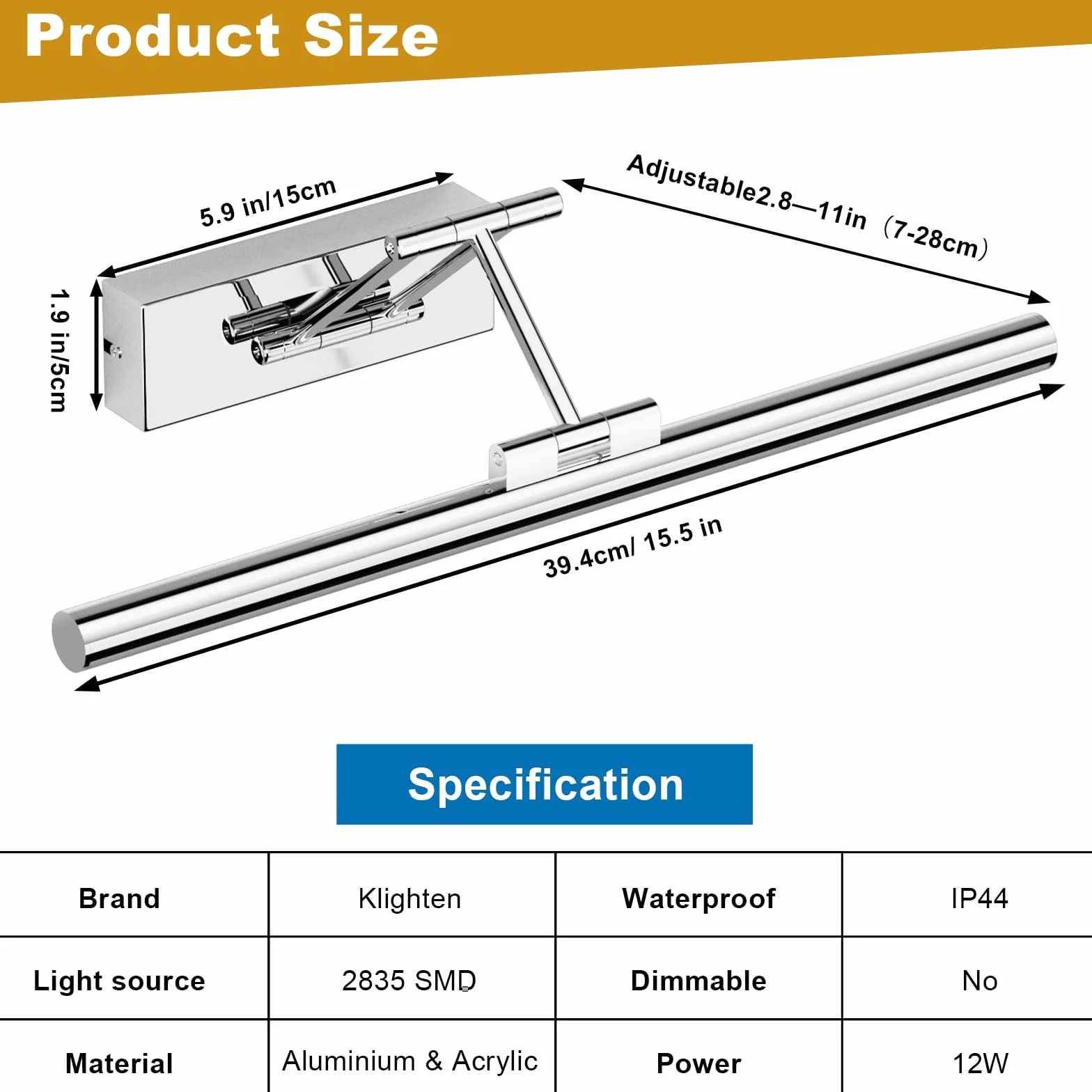 Klighten lustro LED łazienka 40cm IP44 12W 970LM 5500K