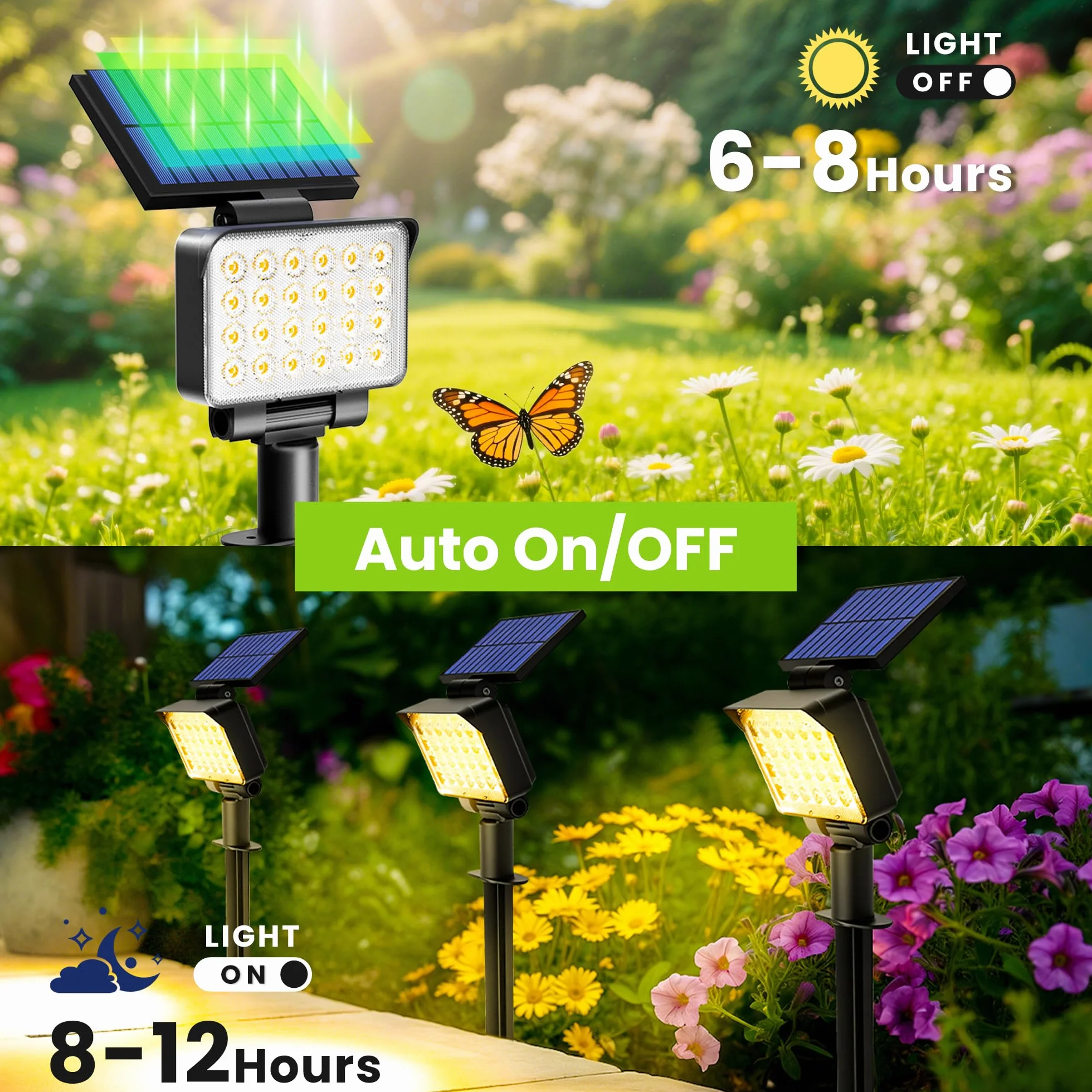 Solpex Solarne oświetlenie punktowe do użytku na zewnątrz, klasa wodoszczelności IP65, 24 diody LED, zasilane energią słoneczną reflektory do dróg, ogrodów, ogrodzeń (ciepła biel, 2 sztuki)