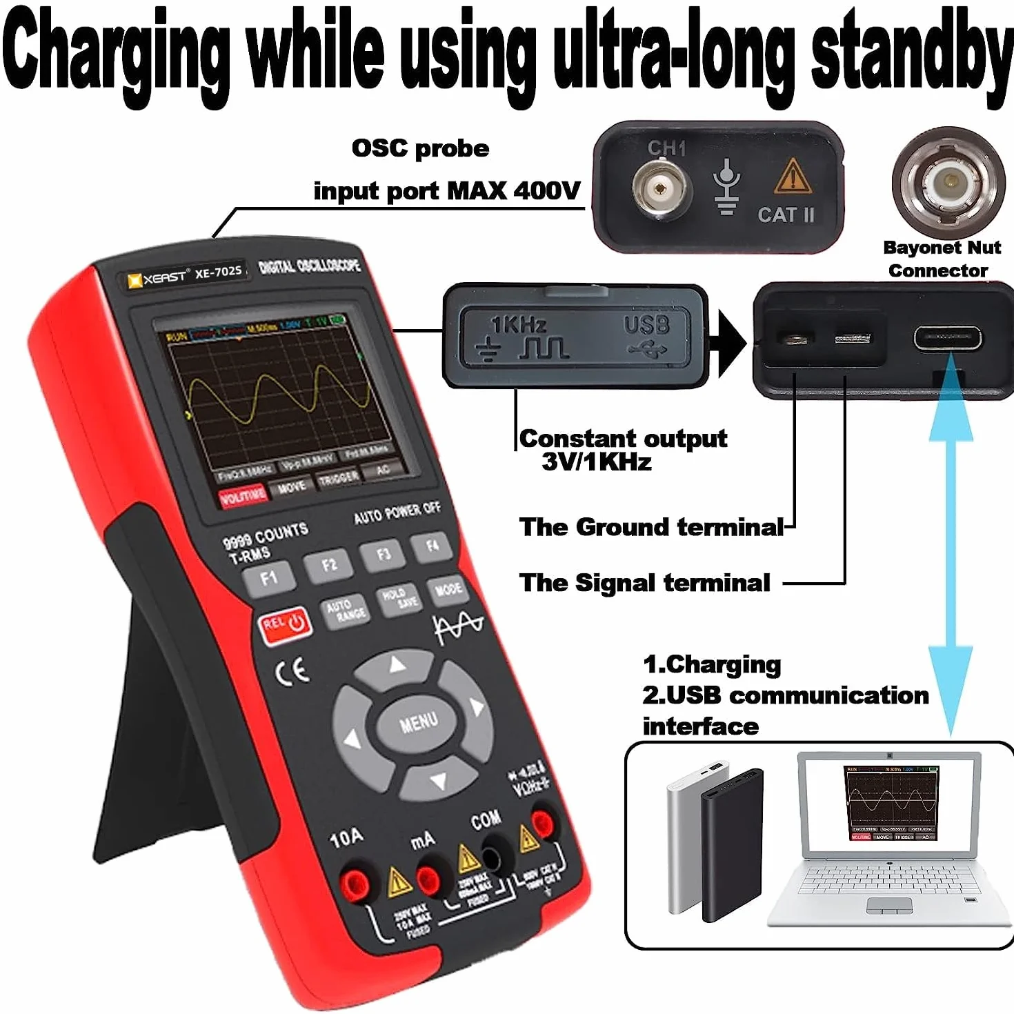 Ręczny oscyloskop, multimetr cyfrowy liczący 9999 z pirometrem z sondą K, szerokość pasma 10 MHz, próbkowanie 48 MSa/s, funkcja automatycznej kalibracji CC/AC