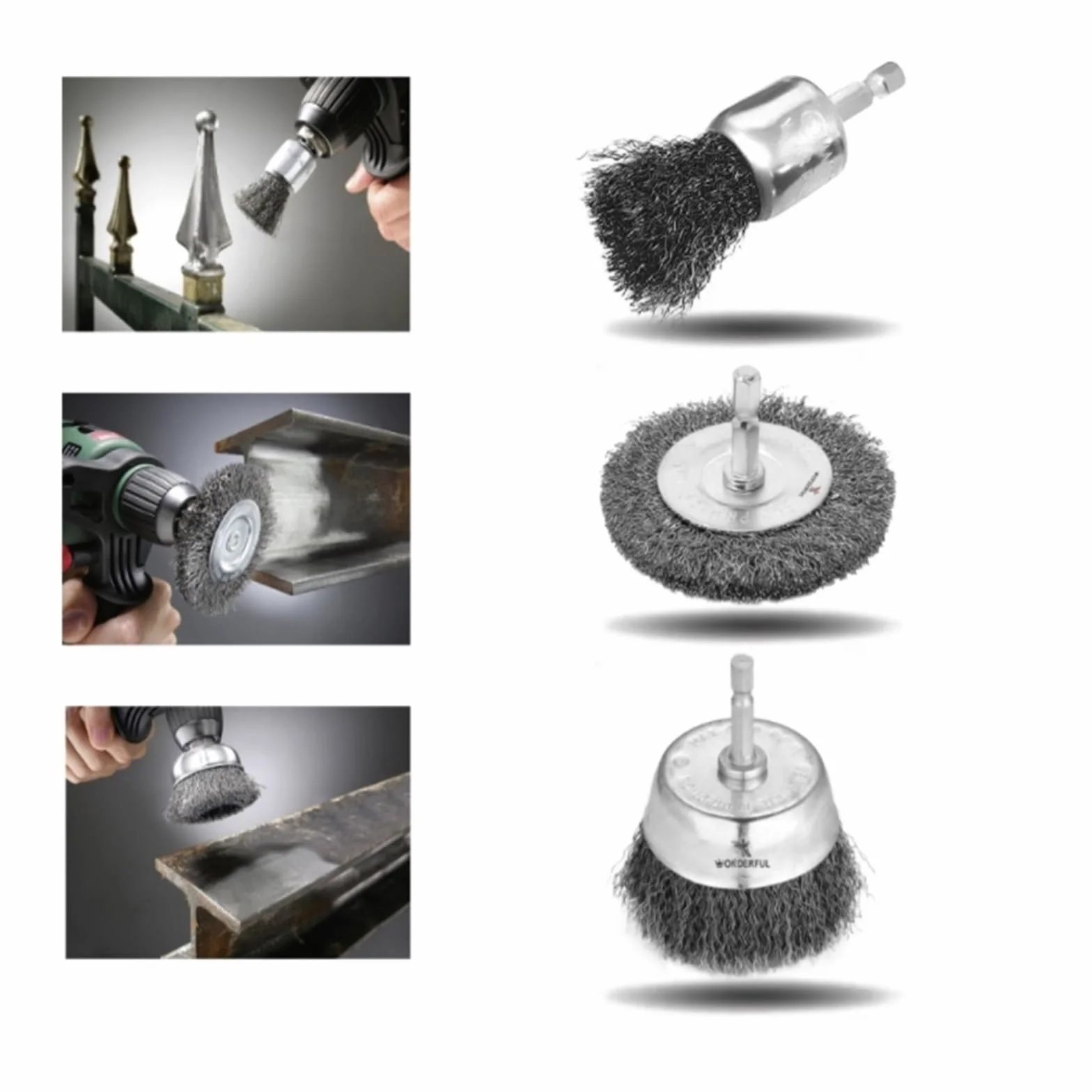 Carbon Steel Wire Brush Wheel Set 8 Piece 1/4 Inch Hex Shank Coarse Crimped