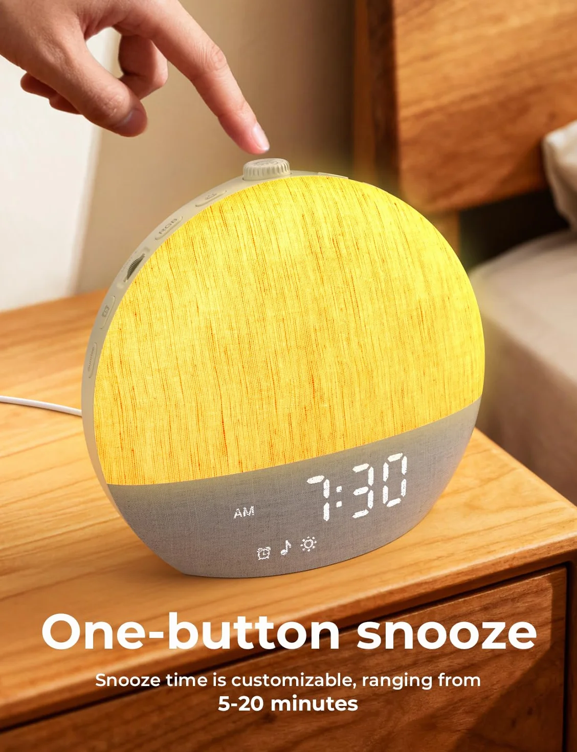 LIORQUE Budzik świetlny z symulacją wschodu słońca, biały hałas, 30 dźwięków do snu, regulowany wyłącznik czasowy, Bluetooth