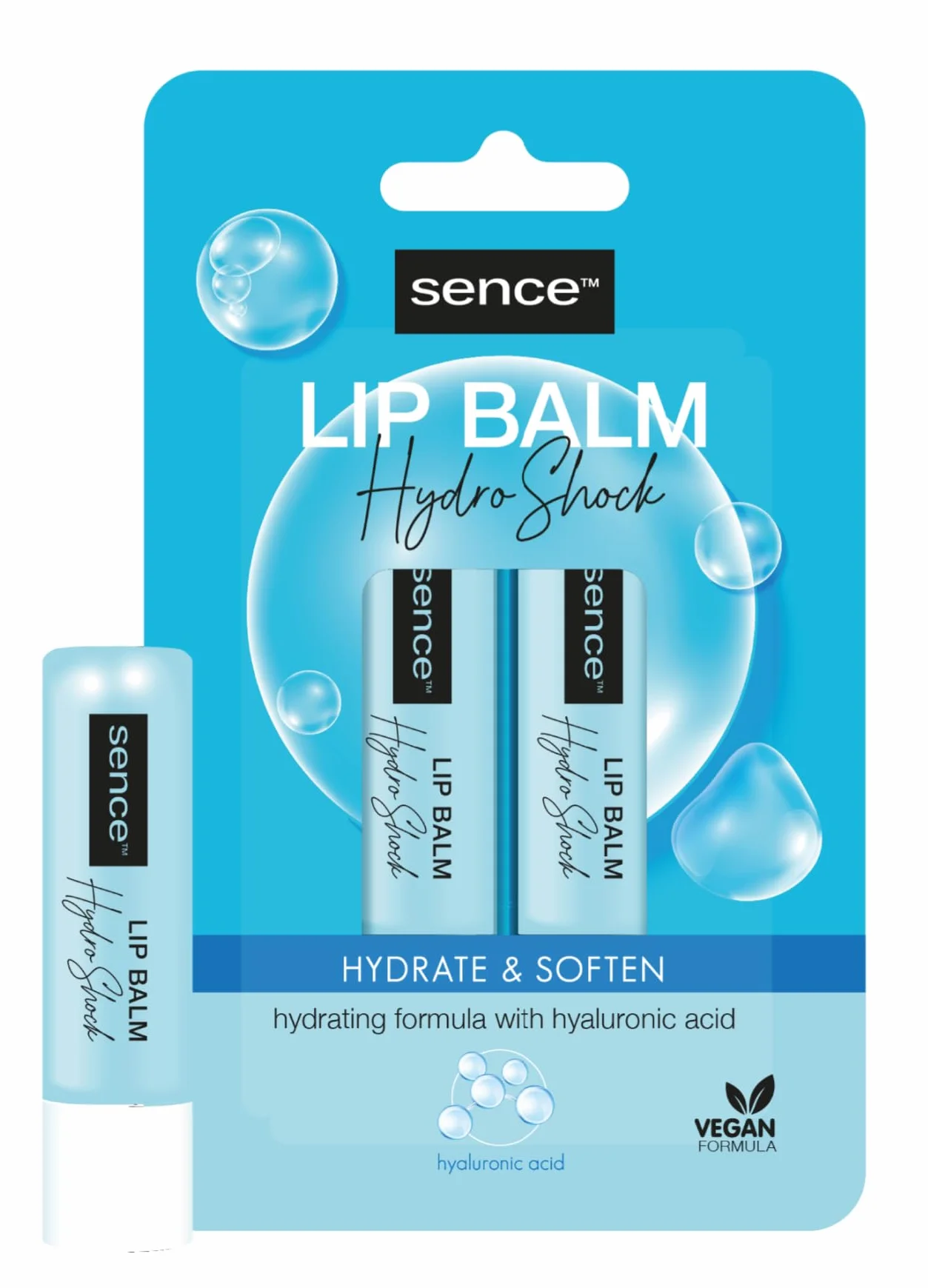 Sence Balm Hydro Shock, pomadka do ust z kwasem hialuronowym i parafiną, kosmetyk do pielęgnacji ust, pielęgnacja na dzień dla gładkich ust, wegańska pomadka do ust (2 x 4,3 g)