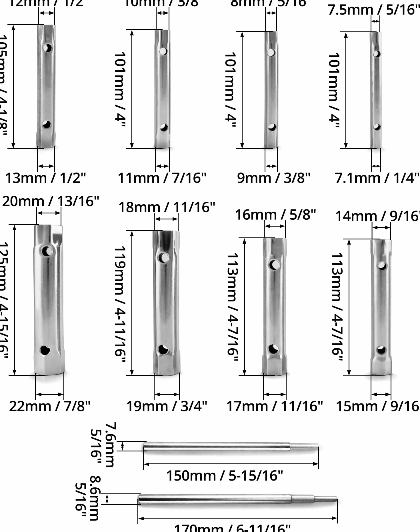 QWORK Zestaw nasadek do rur 10 szt. klucz nasadowy do świec zapłonowych 6 x 7-20 x 22 mm Metryczne