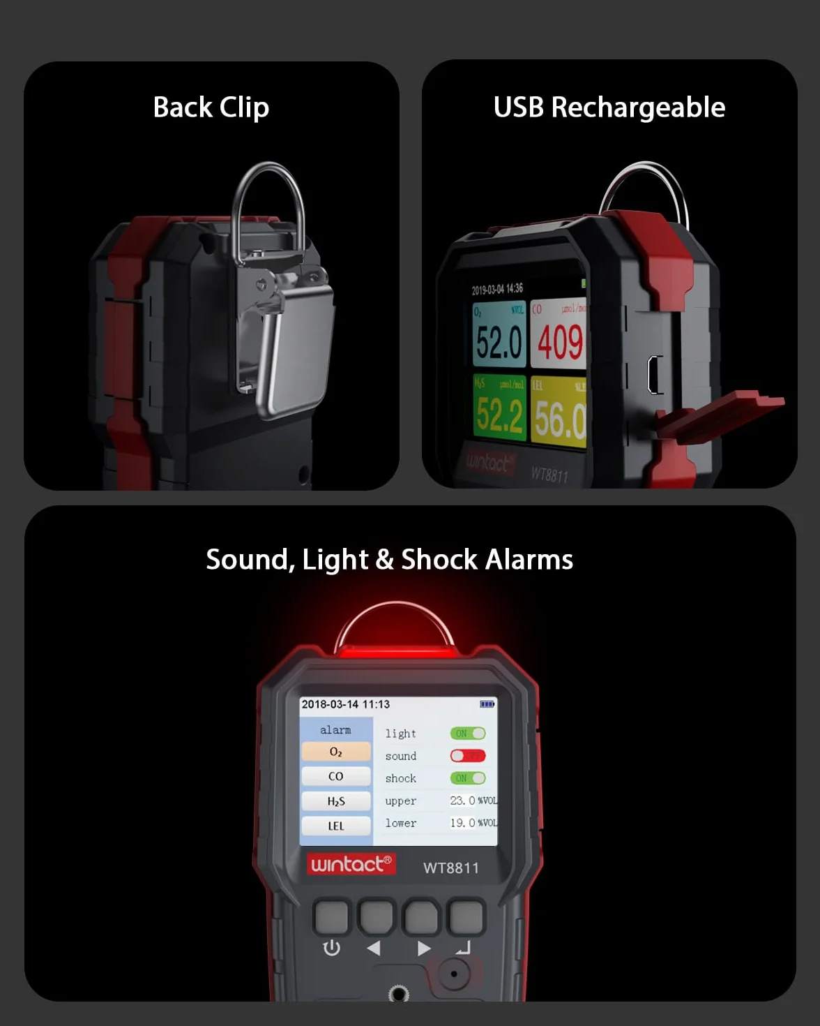 Wintact Detektor wycieku gazu 4 w 1, monitor Multi Gas Alarm Sniffers palny, naturalny, metan, propan, tlenek węgla, siarkowodór, tlen