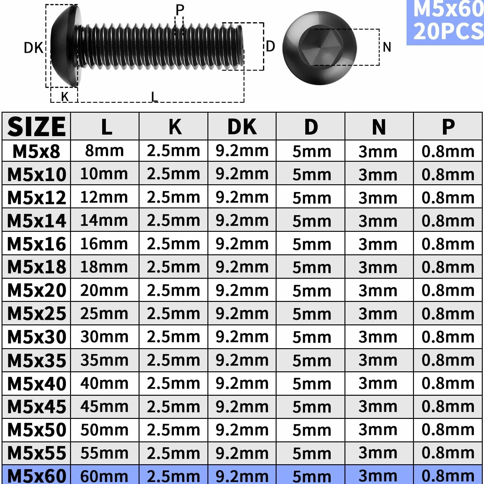 Śruby z łbem soczewkowym M5 x 60 mm, stal nierdzewna 304, pełny gwint, czarne, do mebli DIY