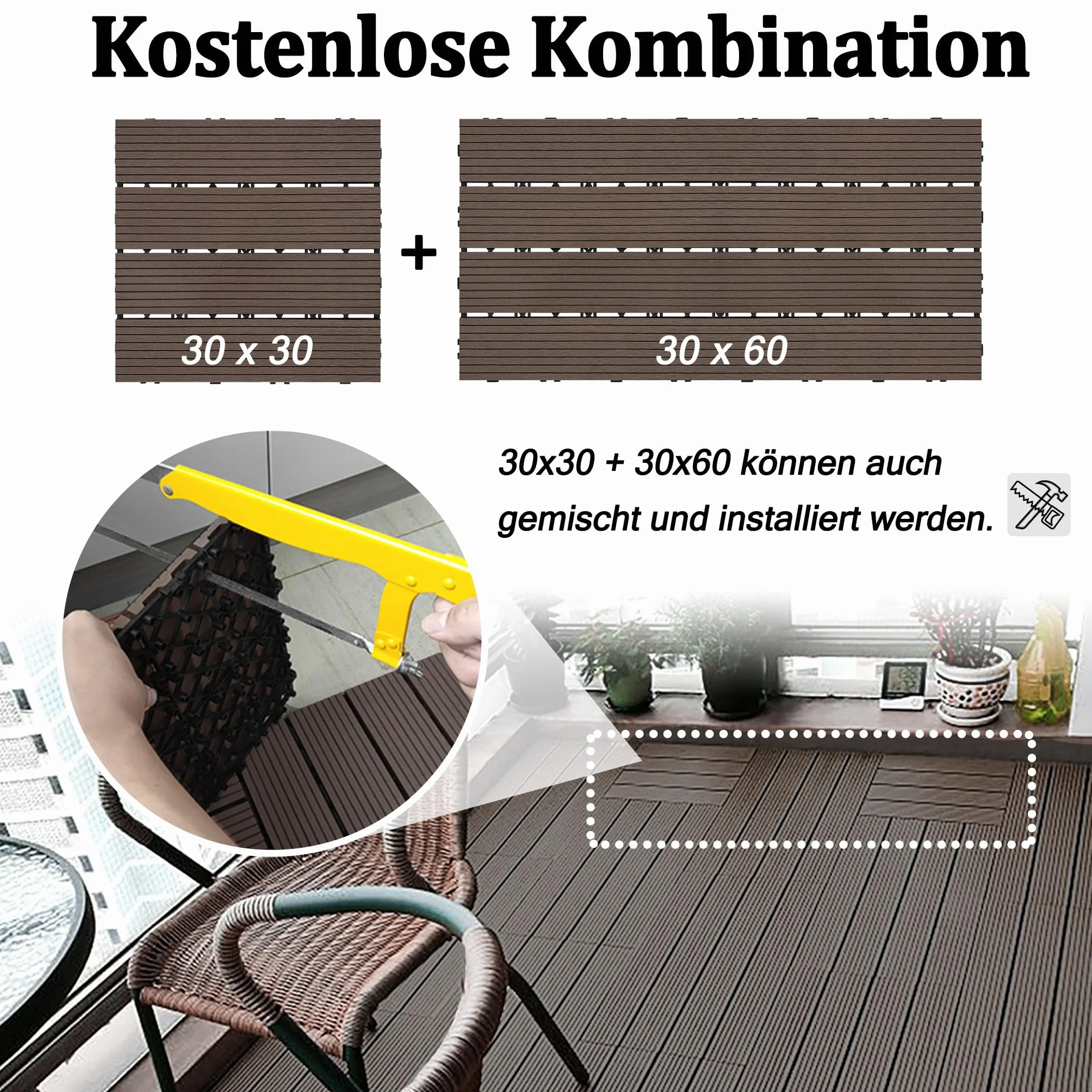 Wykładziny podłogowe na balkon taras WPC płytki o wyglądzie drewna system klikowy 30 x 30 cm 55 sztuk