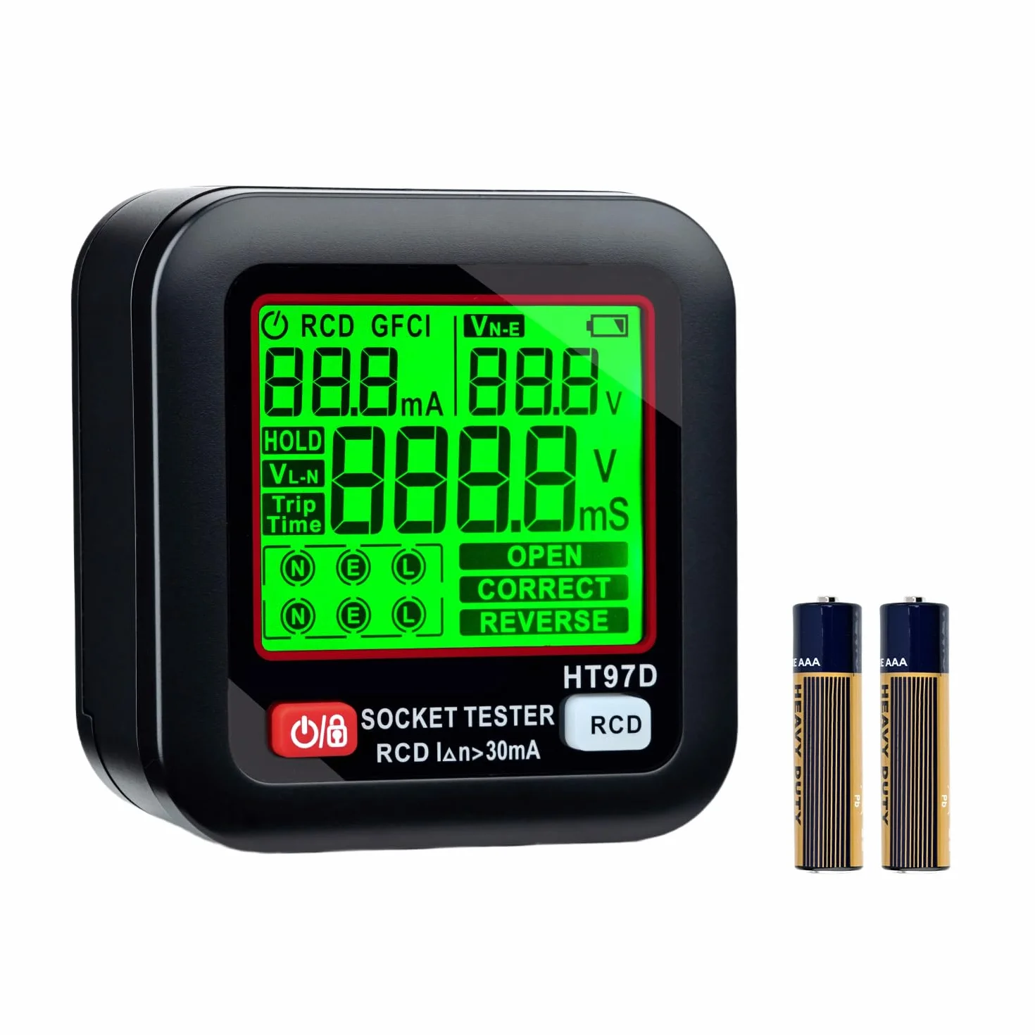 Wigearss Tester gniazd z kontrolą RCD i wyświetlaczem napięcia LCD, 6 rodzajów diagnostyki błędów, napięcie wycieku i wskaźnik prądu, test FI, 30-260 V/45-65 Hz