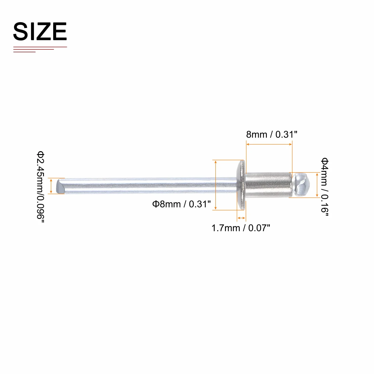 Nity zrywalne 4 mm x 8 mm 50 sztuk ze stali nierdzewnej 304 kopuła z otwartym końcem