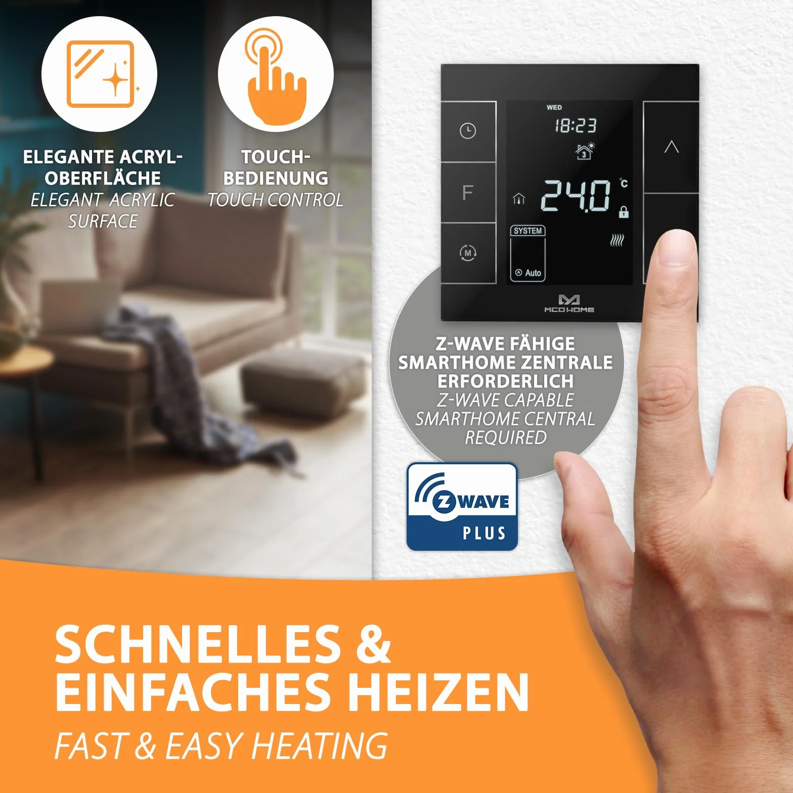 MCO Home Z-Wave MH7H-EH termostat pokojowy do ogrzewania podłogowego i ogrzewania na podczerwień/Z-Wave Smarthome, czarny